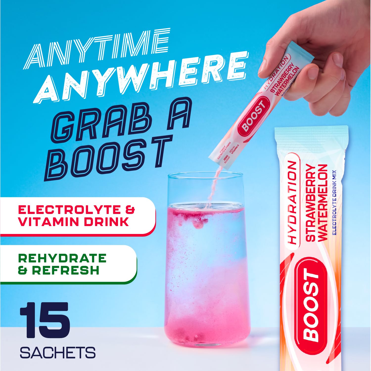 Boost Hydration Electrolytes Powder - Strawberry Watermelon Flavour | Zero Sugar | 15 Servings