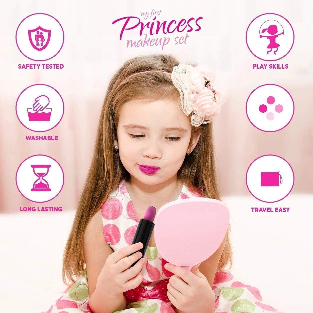 Playkidz My First Princess Washable Real Makeup Set in Pink Floral Cosmetic Bag 5