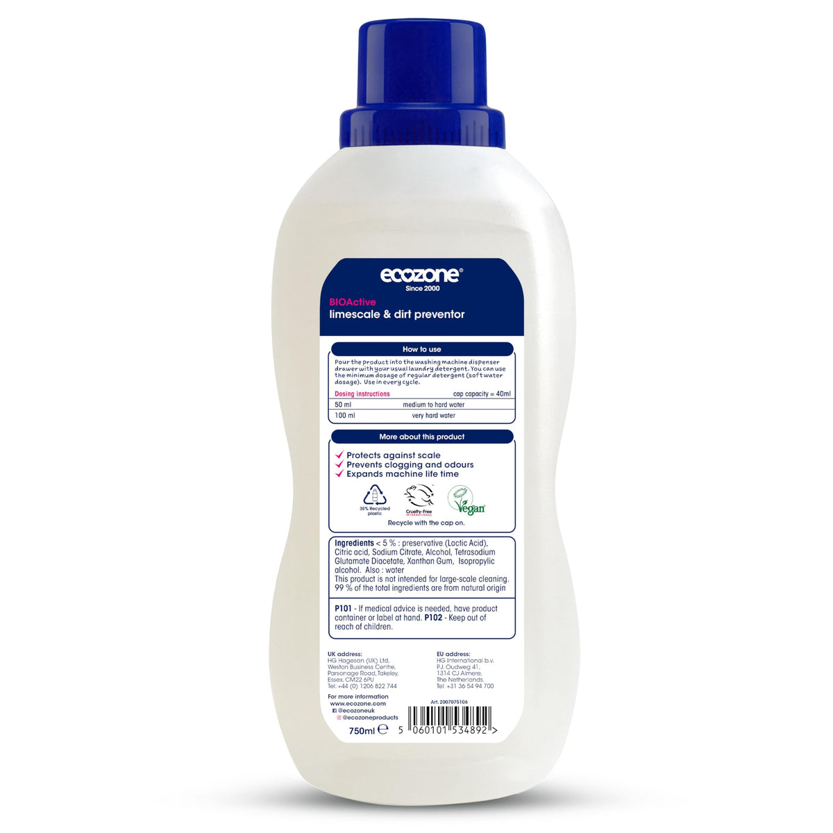 Ecozone BIOActive Limescale & Dirt Preventor Washing Machine Cleaner - 2 x 750 ml