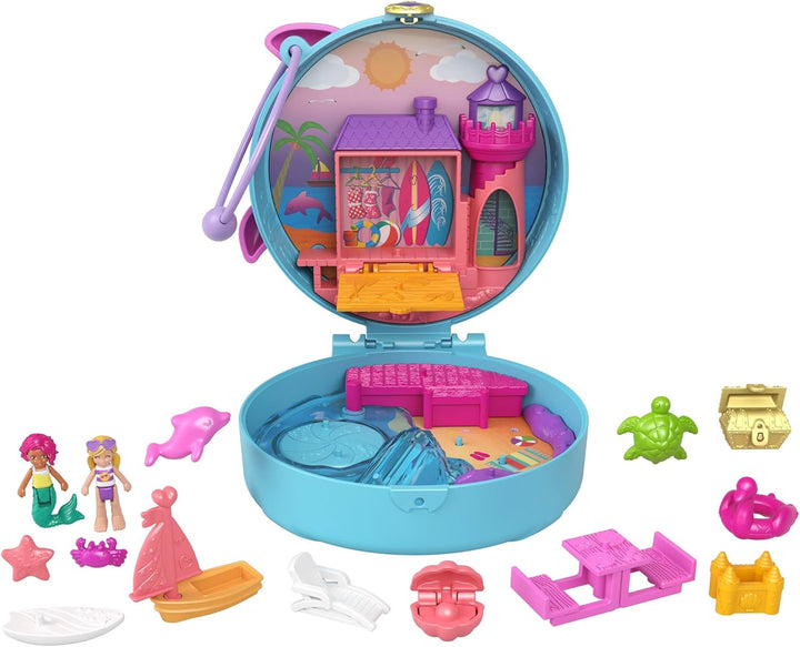 Polly Pocket Dolphin Beach Compact Playset with Micro Polly & Mermaid Doll, 5 Reveals & 13 Accessories