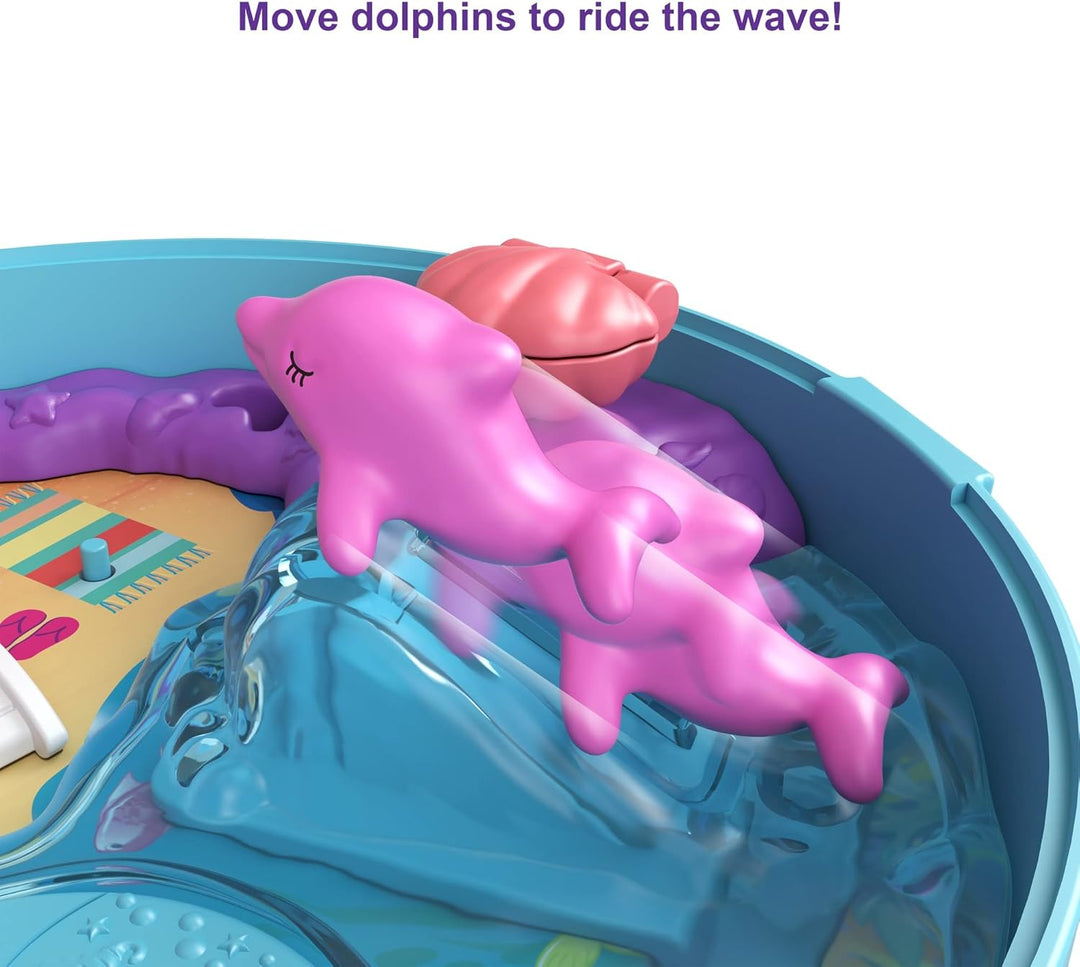 Polly Pocket Dolphin Beach Compact Playset with Micro Polly & Mermaid Doll, 5 Reveals & 13 Accessories