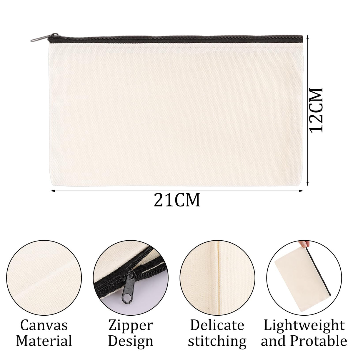 ASelected Blank Canvas Zipper Bags - 20 Pack | 21 x 13 cm | Black