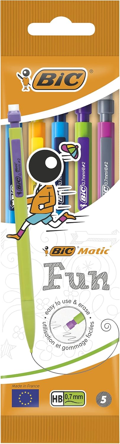 BIC Matic HB Mechanical Pencils and Eraser, Assorted Barrel Colours with Fine Point (0.7mm), Pack of 5 1