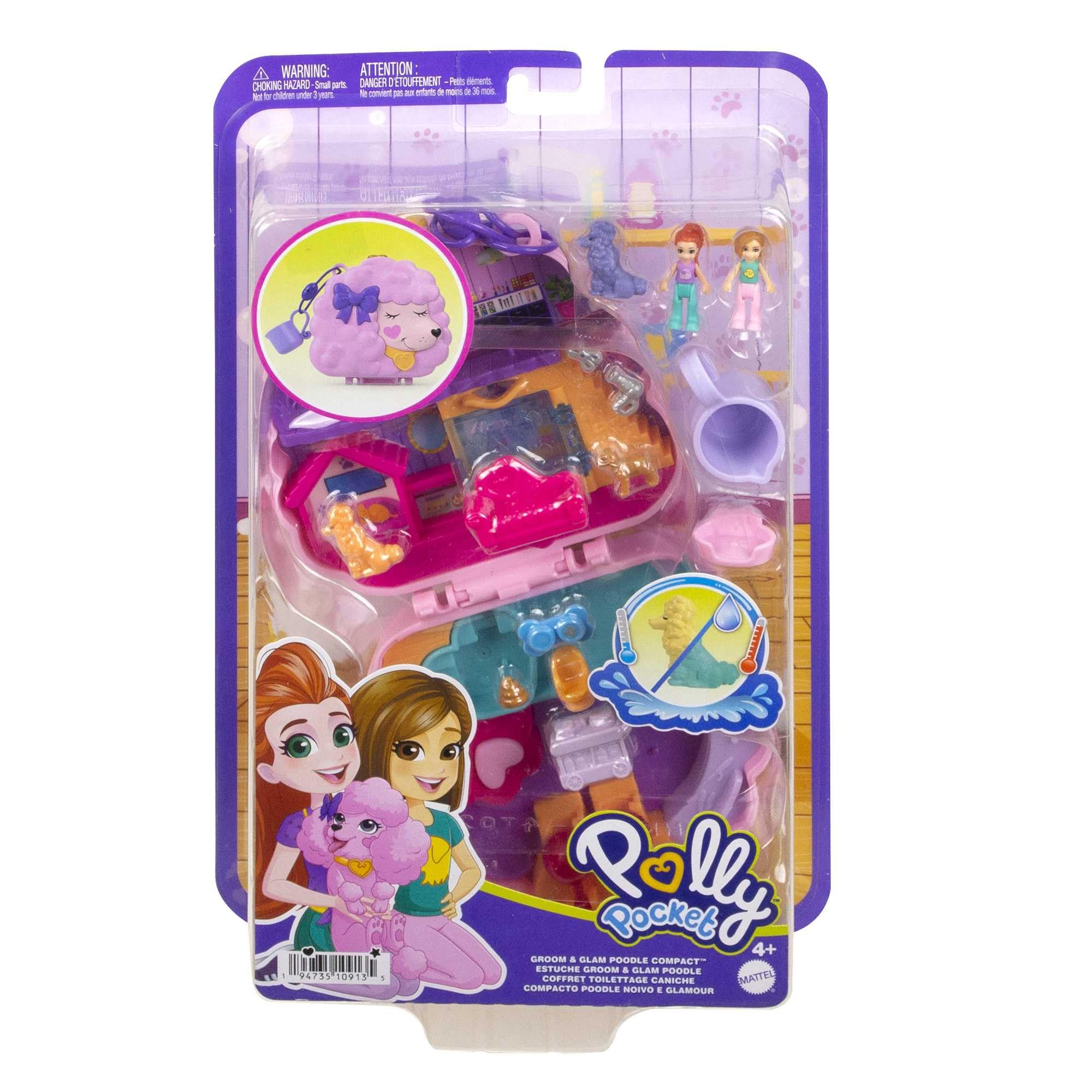 Polly Pocket Groom & Glam Poodle Compact Playset - Water Play & Color-Change Features, Ages 4+ 6