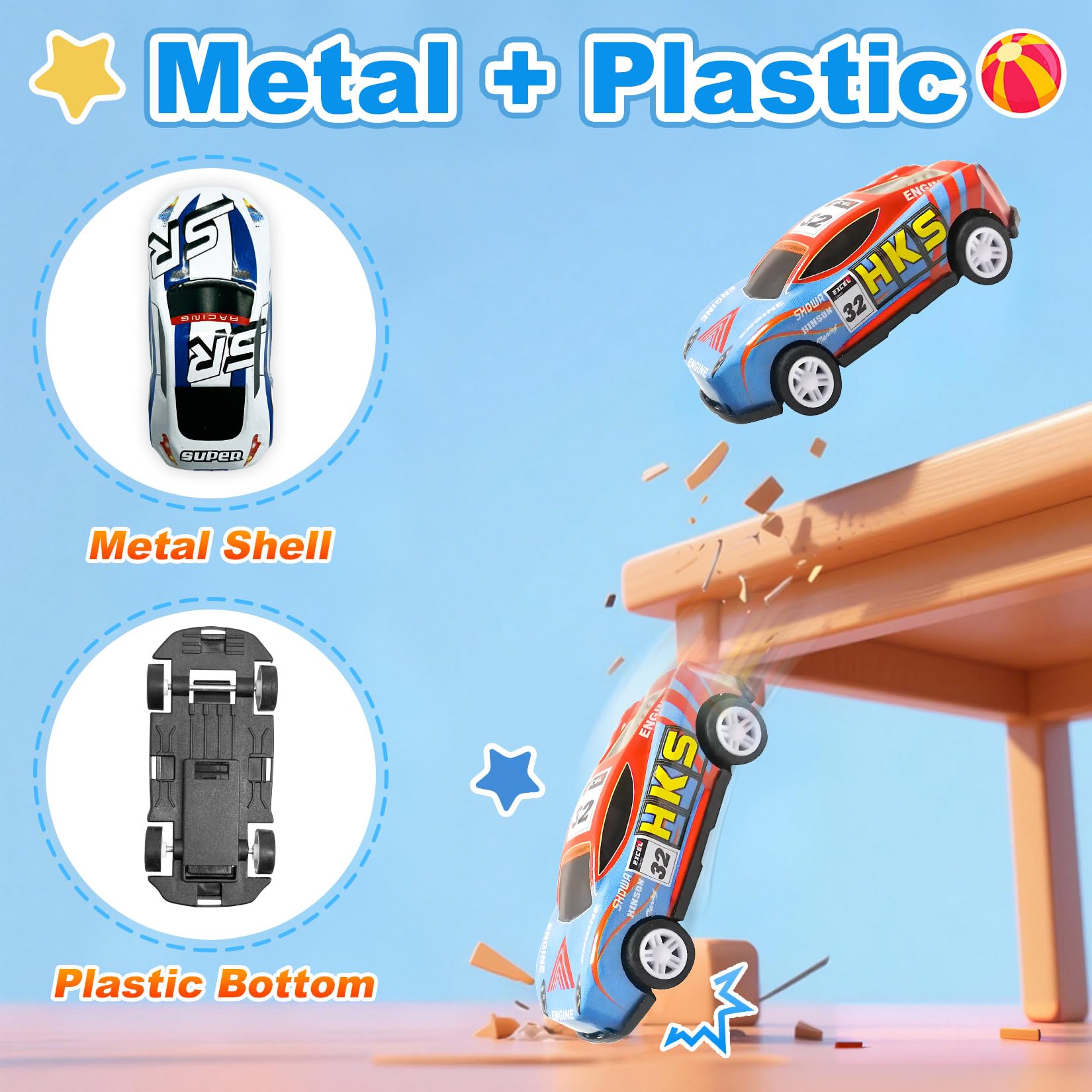 TOYABI 22Pcs Metal Race Car Set with 8 Roadblocks | Pull Back Action | Metal Shell 4