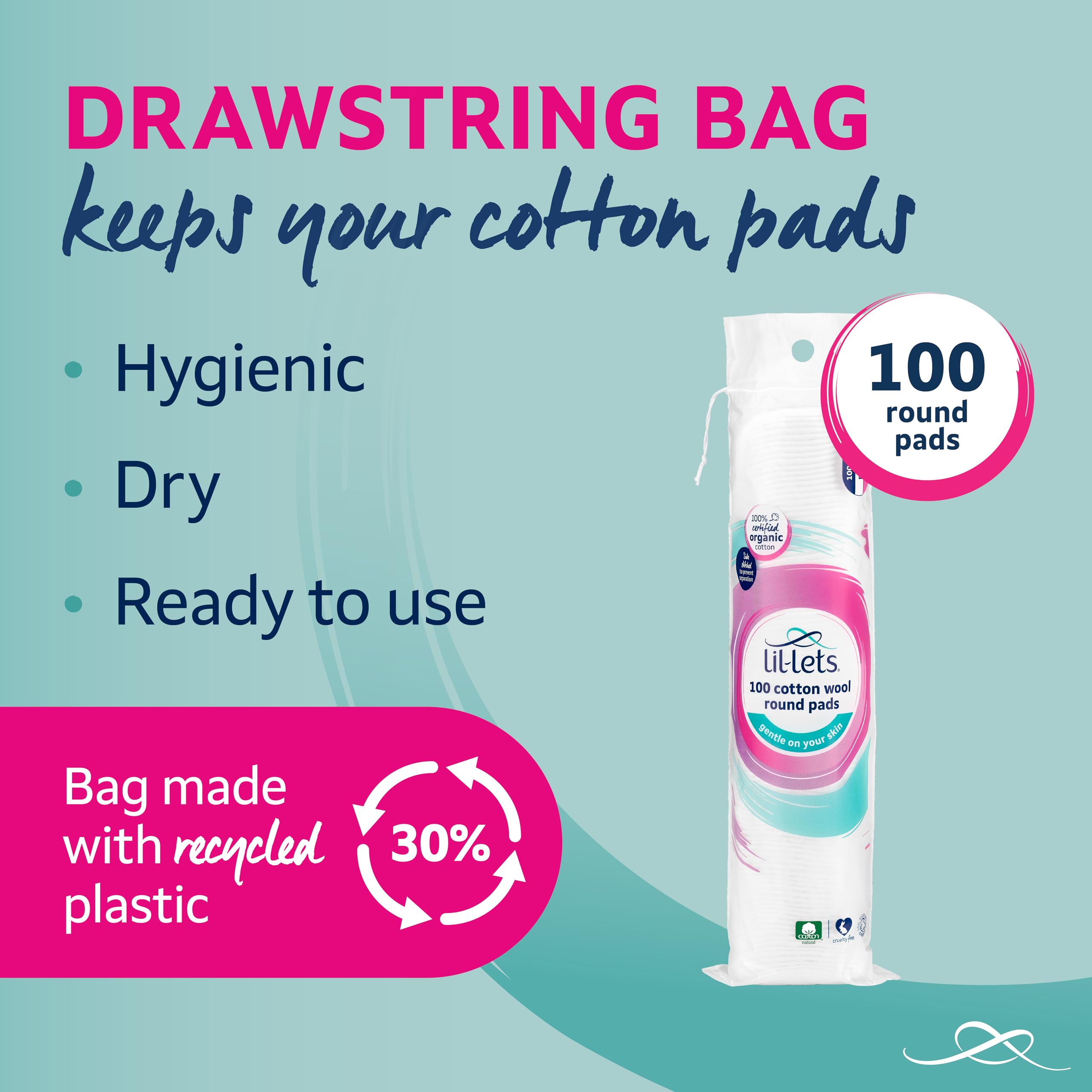 Lil-Lets Organic Cotton Wool Round Pads (6 x 100 Count) - GOTS Certified, Dermatologically Tested