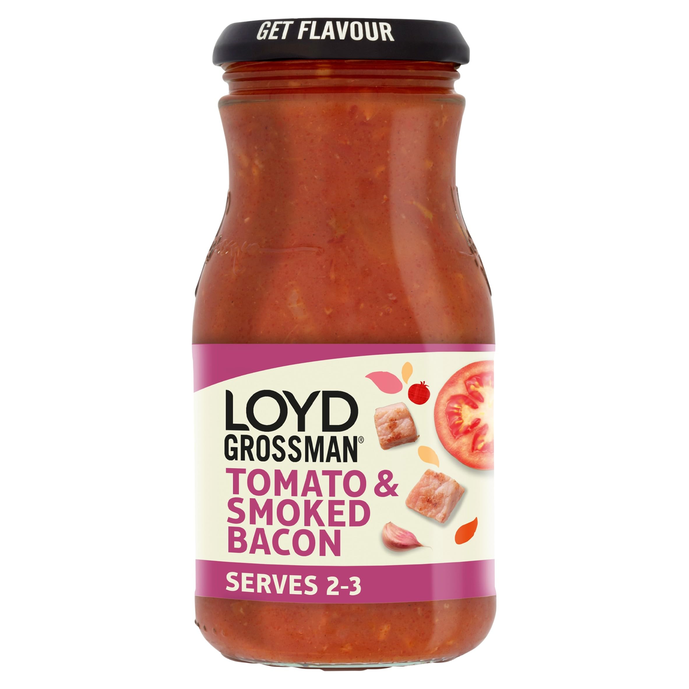 Loyd Grossman Italian Tomato & Smoked Bacon Sauce – Rich Tomato Base with Smoked Bacon & Red Chilli, 350g
