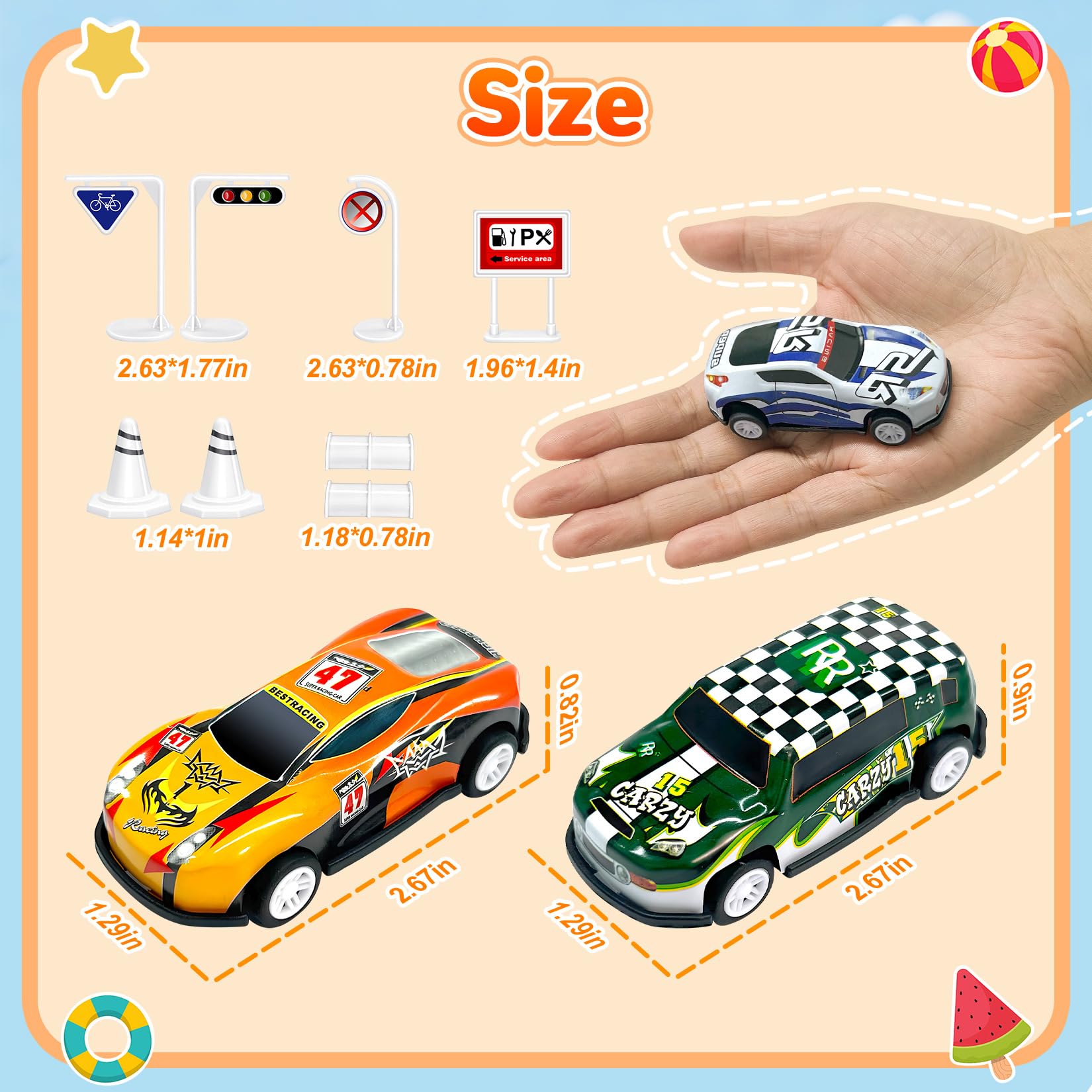 TOYABI 22Pcs Metal Shell Pull-Back Toy Car Set with 8 Roadblocks - Vehicles Playset for Kids 4