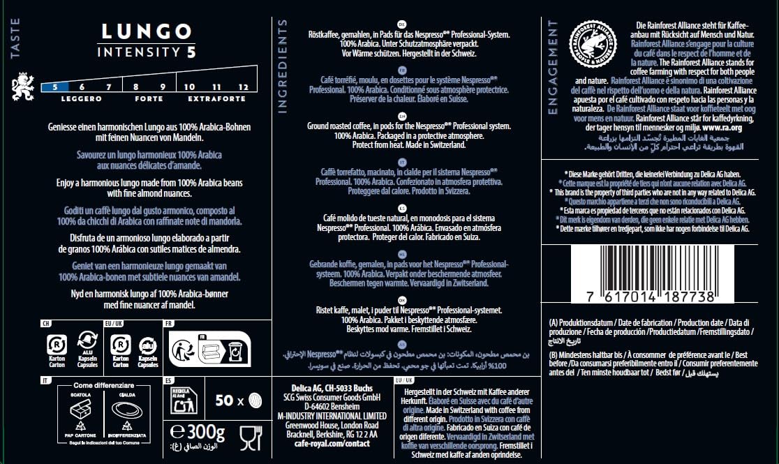 Café Royal Professional Pads, Lungo, 50 Pads – 100 % Arabica, UTZ-zertifiziert, kompatibel mit Nespresso Professional Maschinen 7