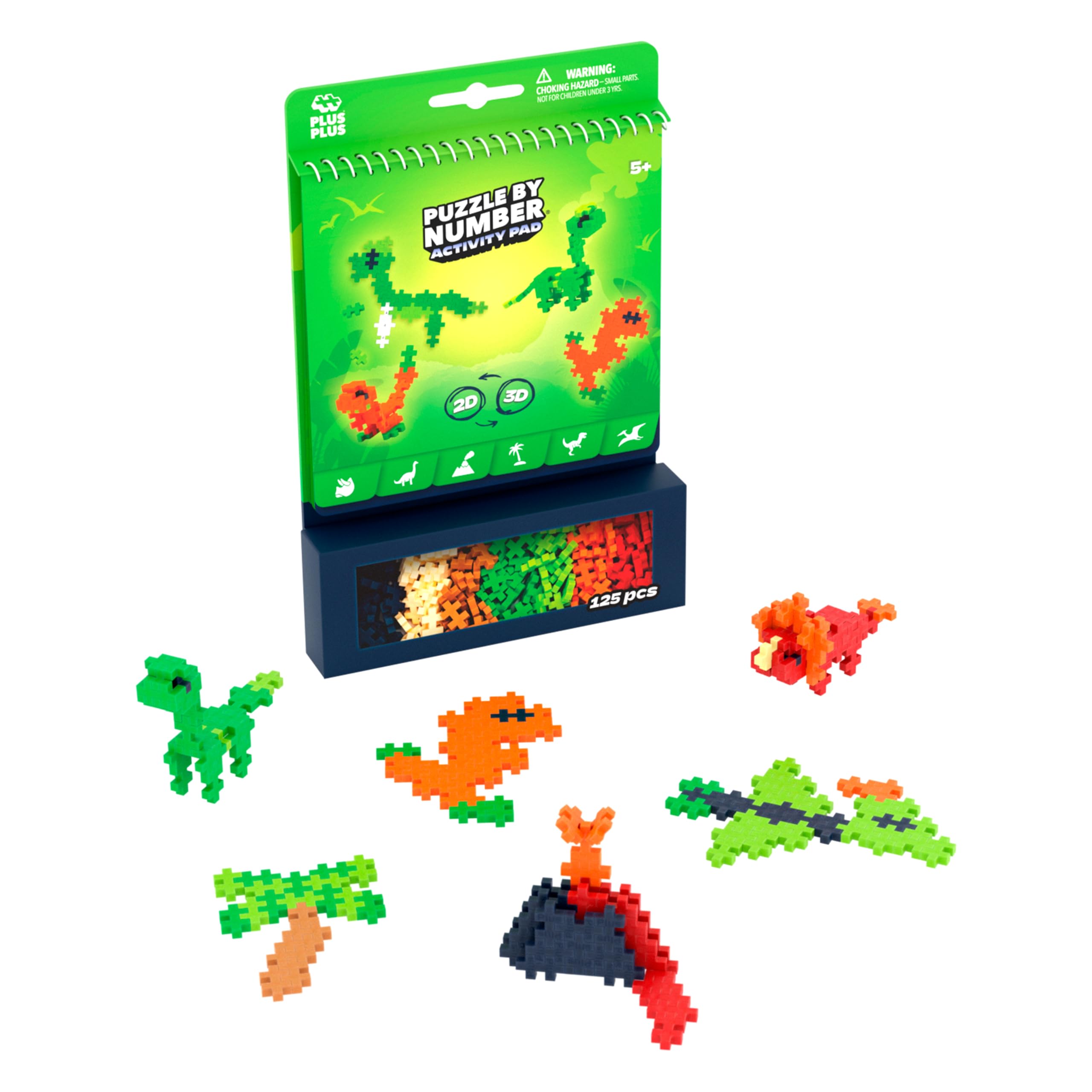 PLUS PLUS Puzzle by Number Activity Pad Dinosaur Mosaic Kit | 125 Pieces | Ages 5-12