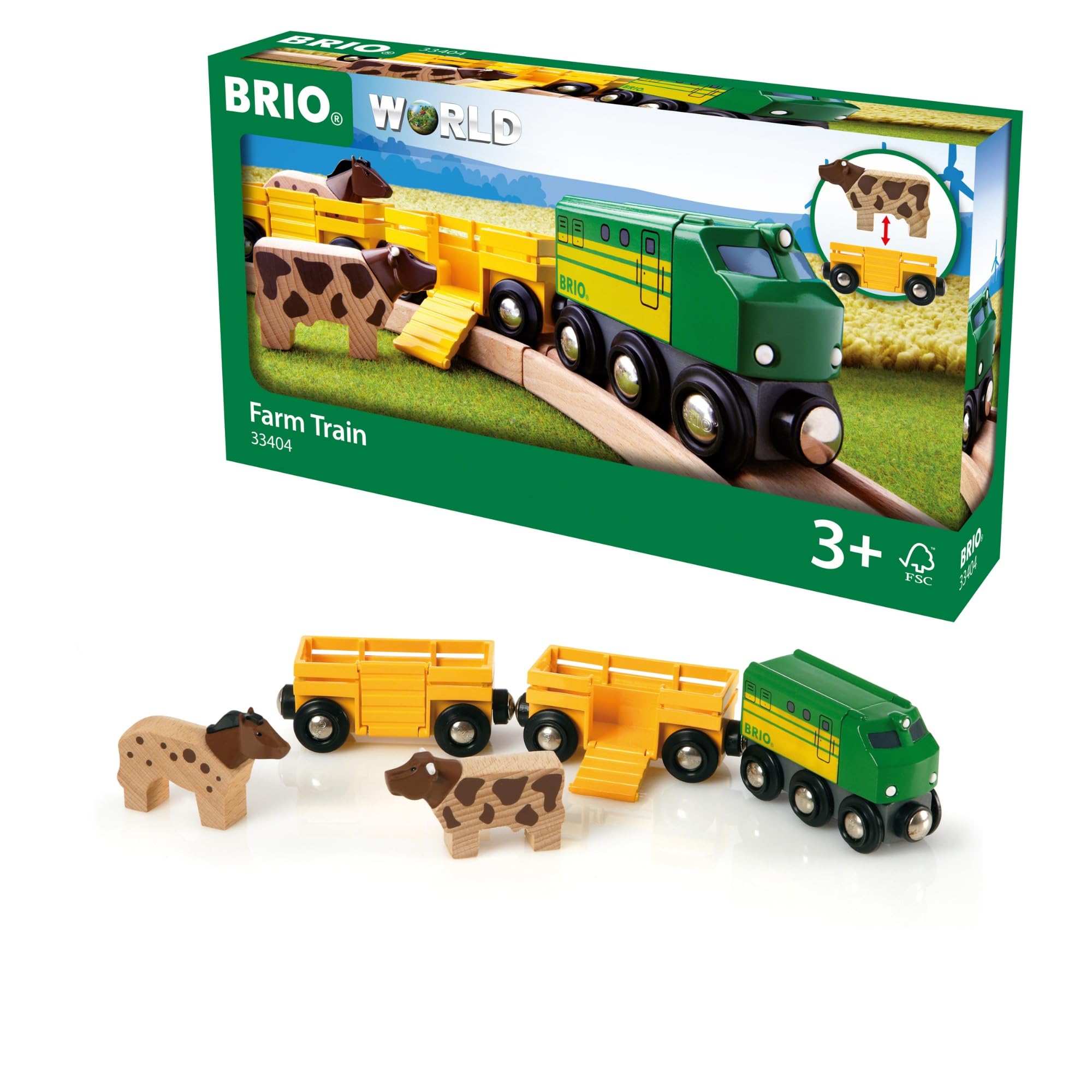 BRIO World Farm Engine Train Toy - Wooden Railway Add-On with Cattle Wagons and Animals 8