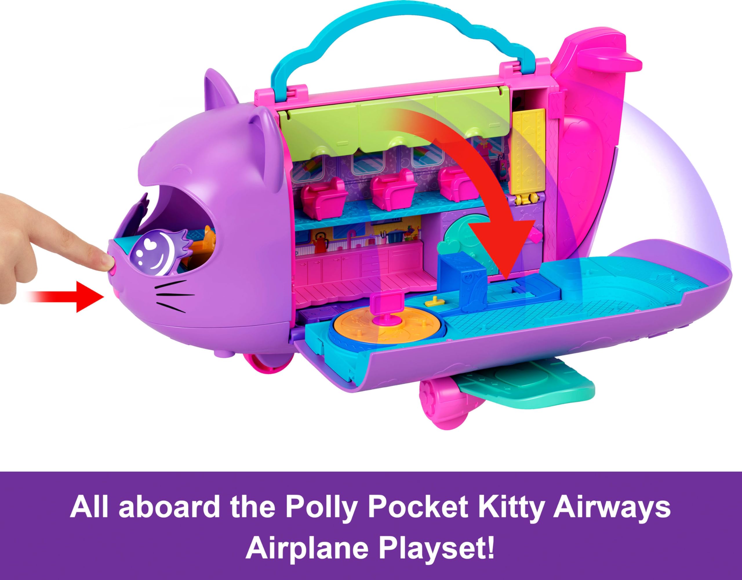 Polly Pocket Kitty Airways Flugzeug-Spielset – 2 Mikropuppen, 19 Zubehörteile, Drehbühne, Alter 4–10 4