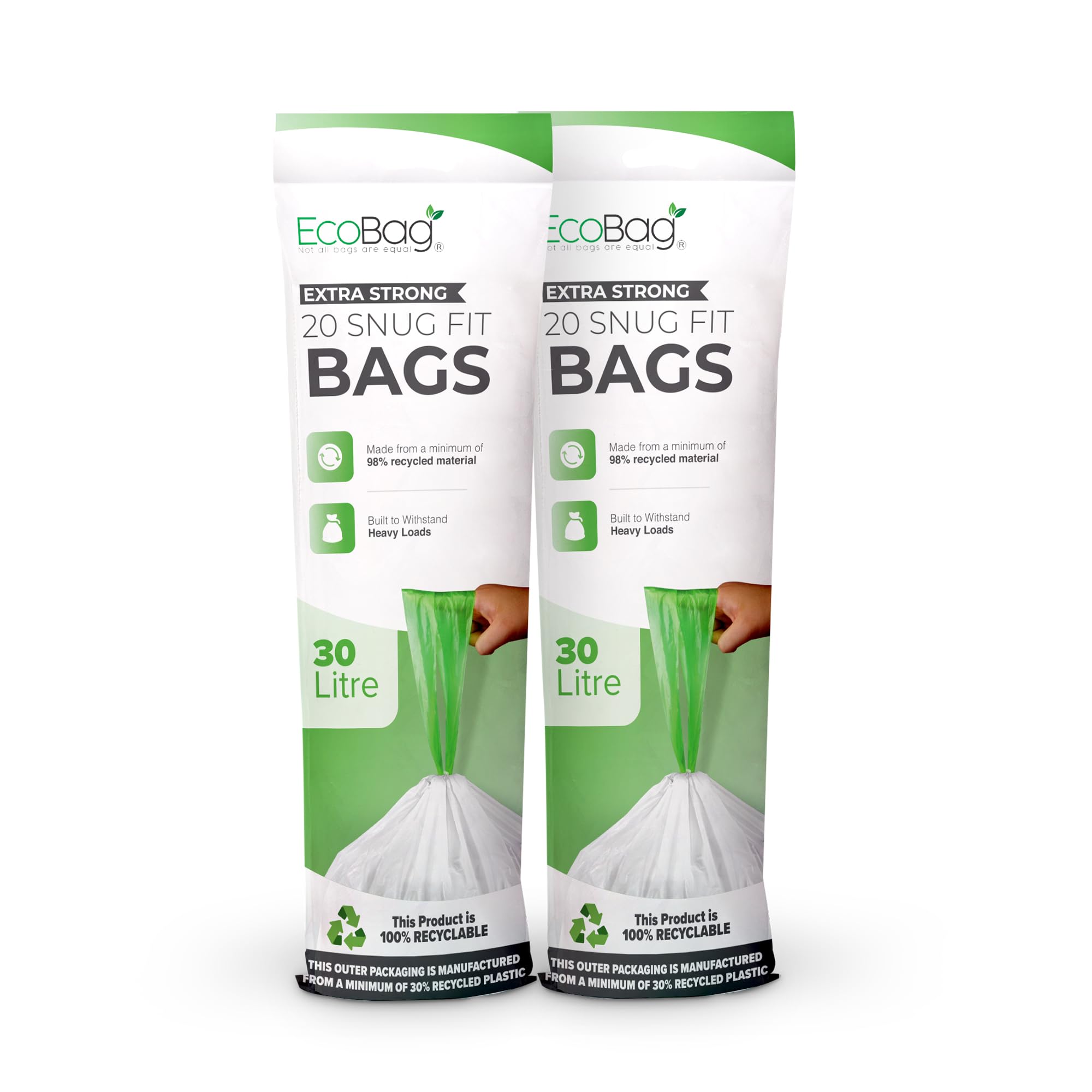 EcoBag 30L Kitchen Bin Liners - 40 Count Drawstring Bags | 25 Microns Thick | 98% Recycled Material