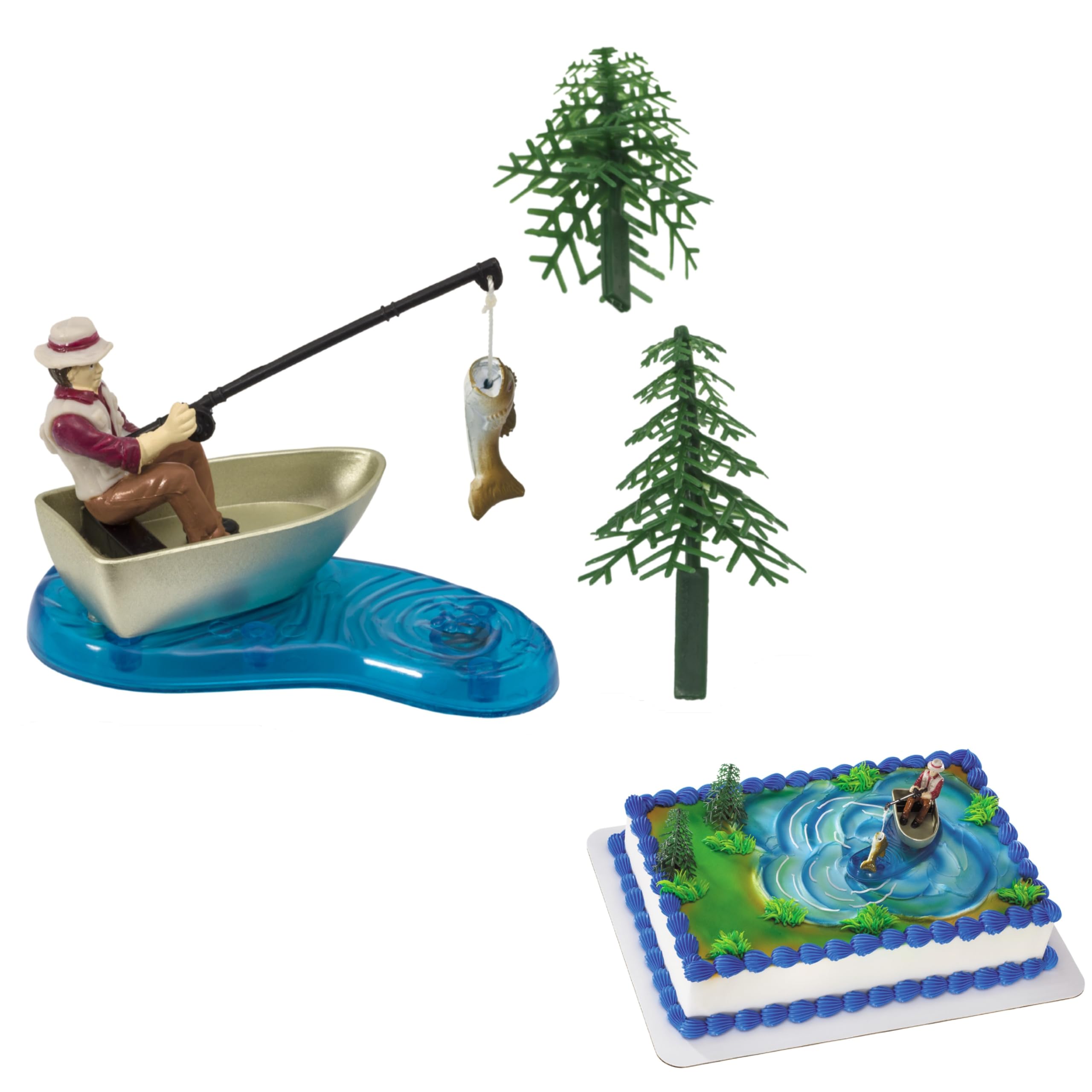 DecoPac Fisherman with Action Fish Cake Topper - 4 Piece Set | Reusable Plastic Decoration