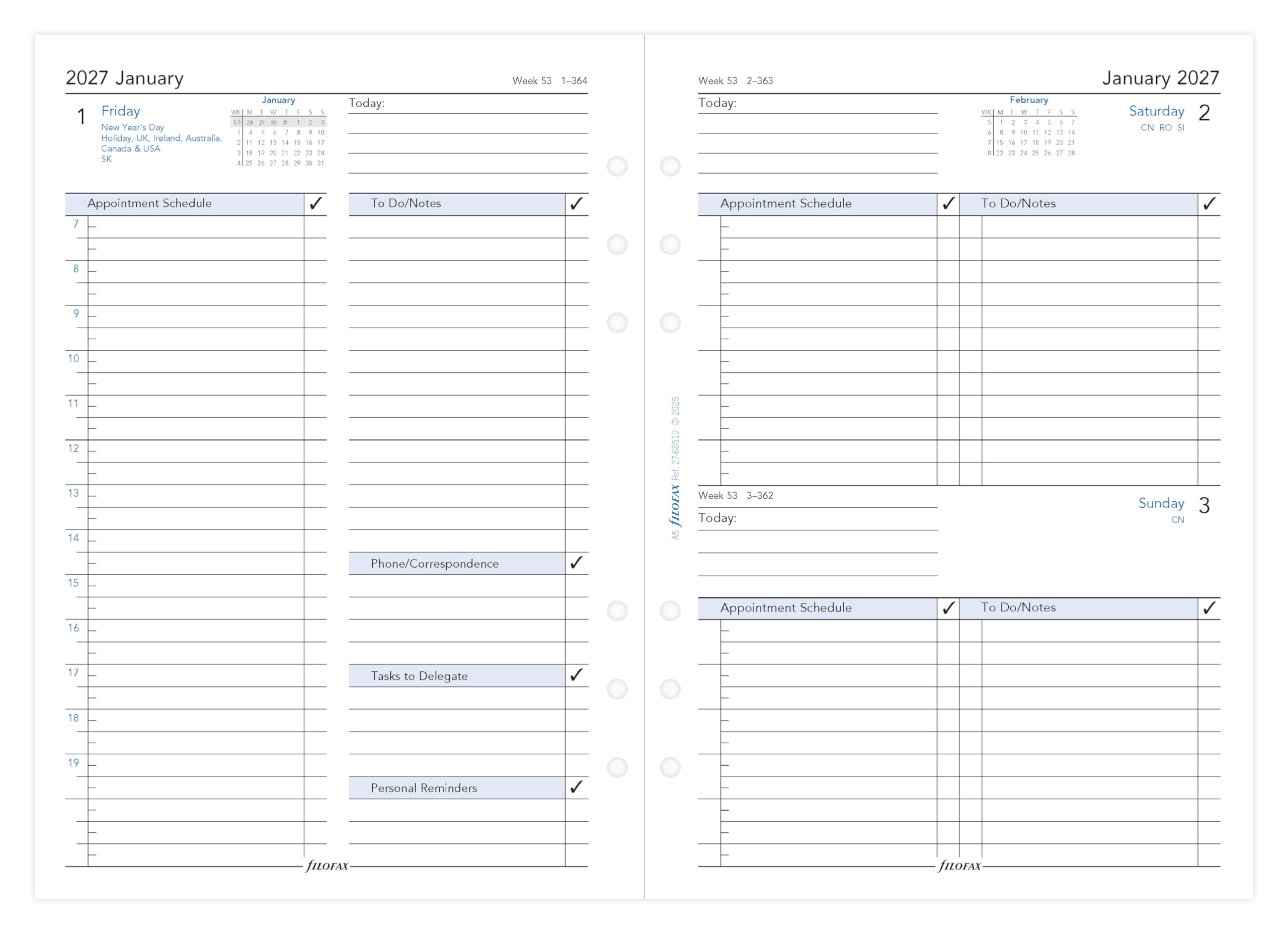 Filofax A5 2027 Diary Refill - Day Per Page with Appointments | English | 148mm x 210mm