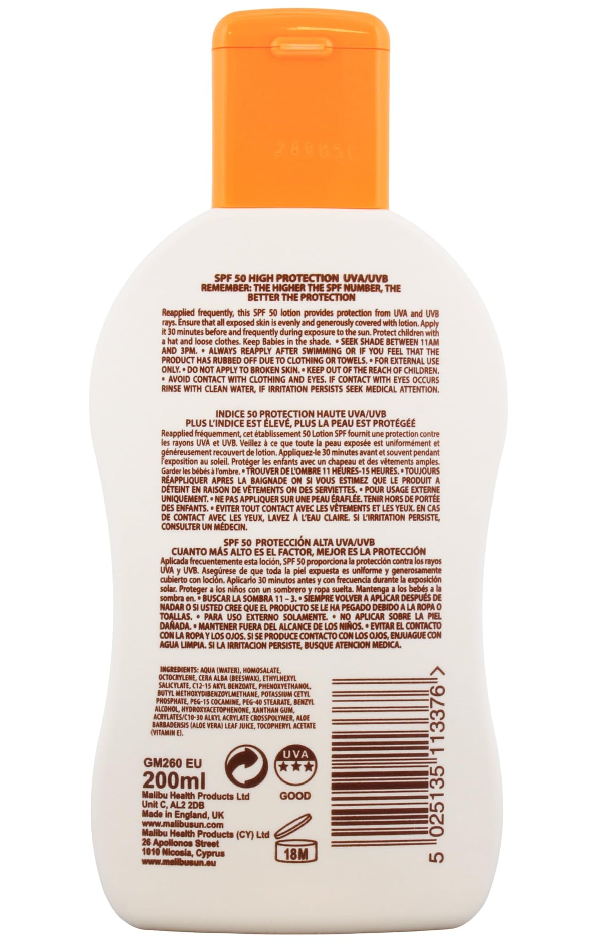 Malibu Sun SPF 50 Lotion - High Protection, Moisturising, Water Resistant, 200ml