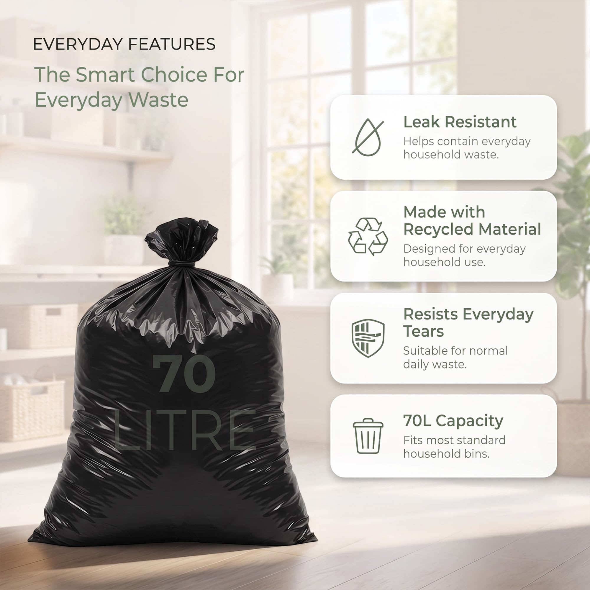 EasyBin 70L Bin Bags - 50 Count Black Refuse Sacks | Easy Tear Roll | Durable Plastic 3