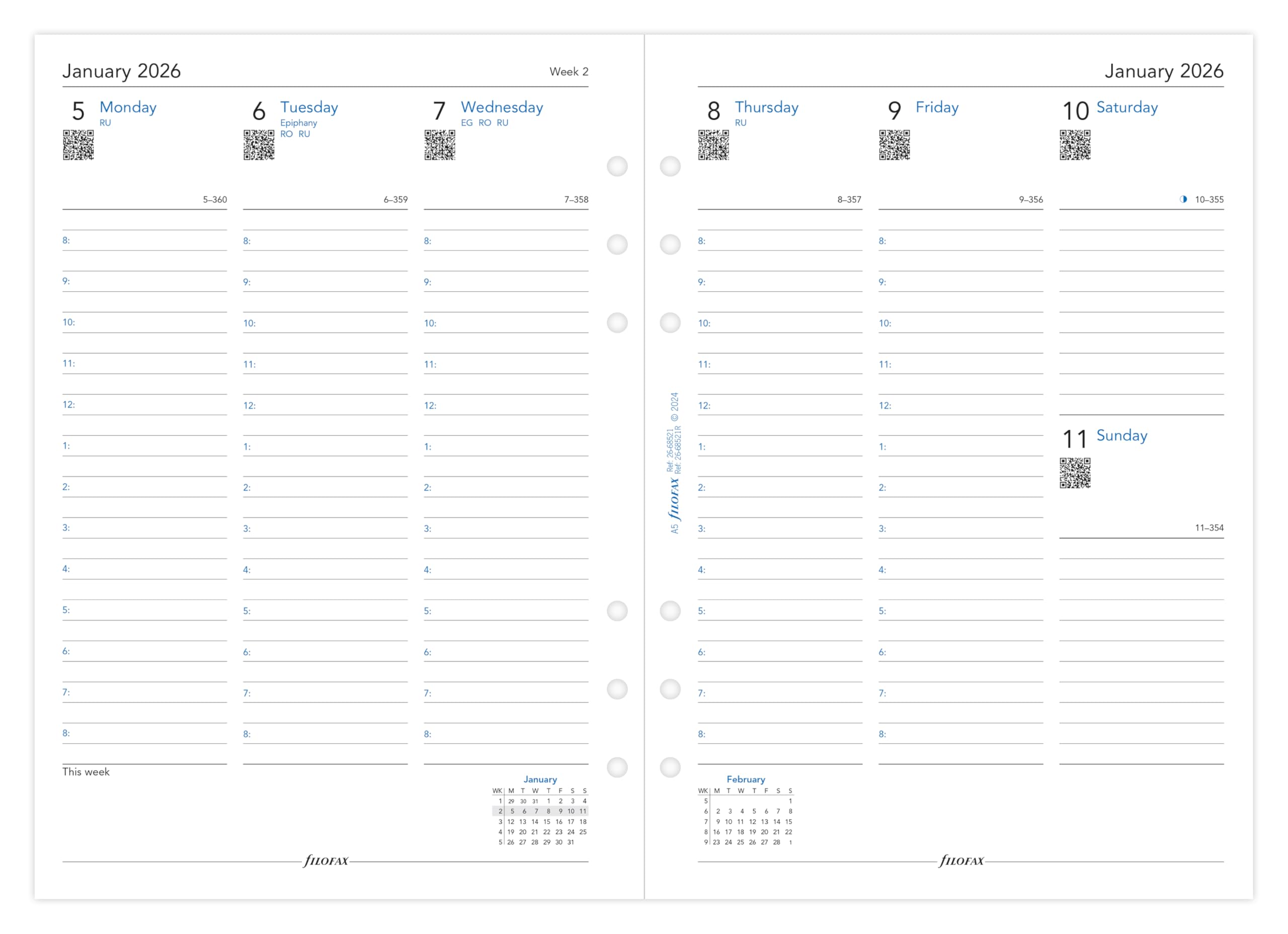 Filofax A5 2026 Diary Refill | Week on Two Pages Column Format | Model 26-68521