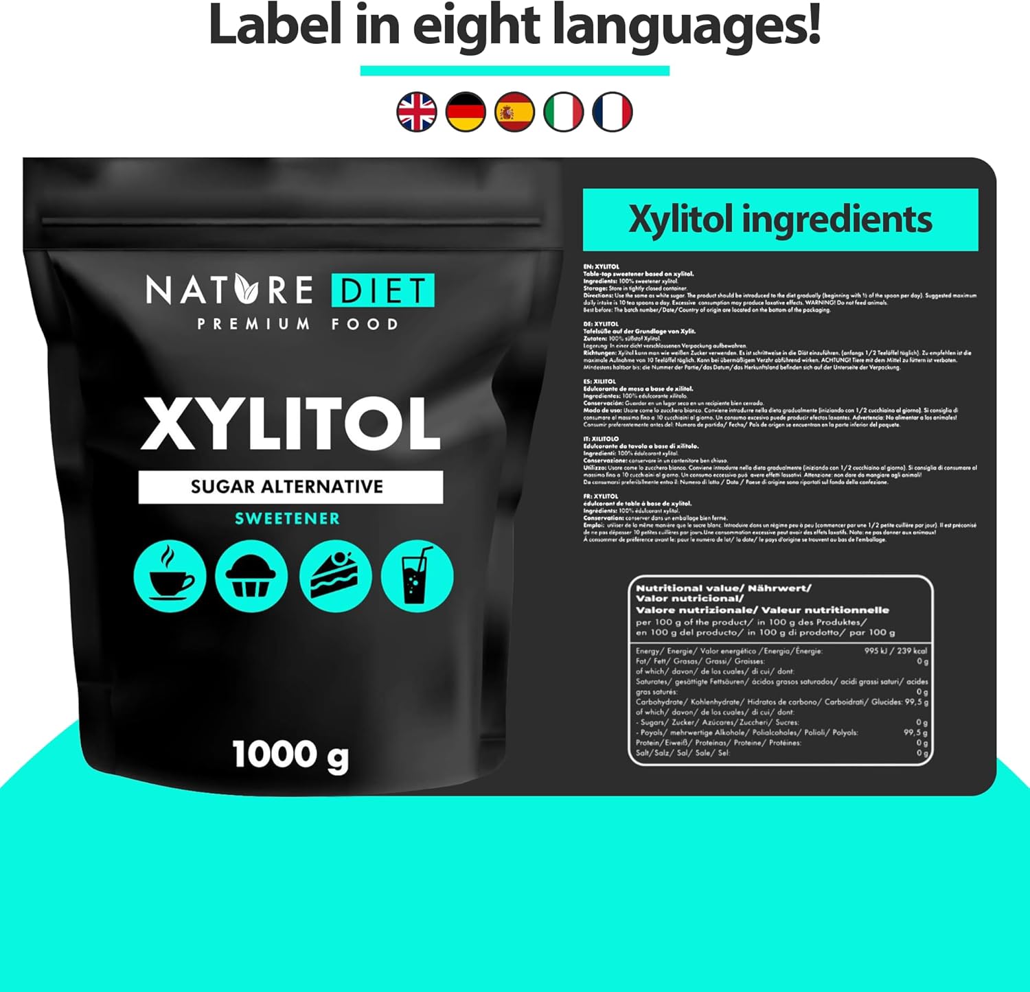 Nature Diet - Xylitol 1 kg | 100 % natürlicher Süßstoff auf Pflanzenbasis | Zuckerersatz mit niedrigem glykämischen Index 6