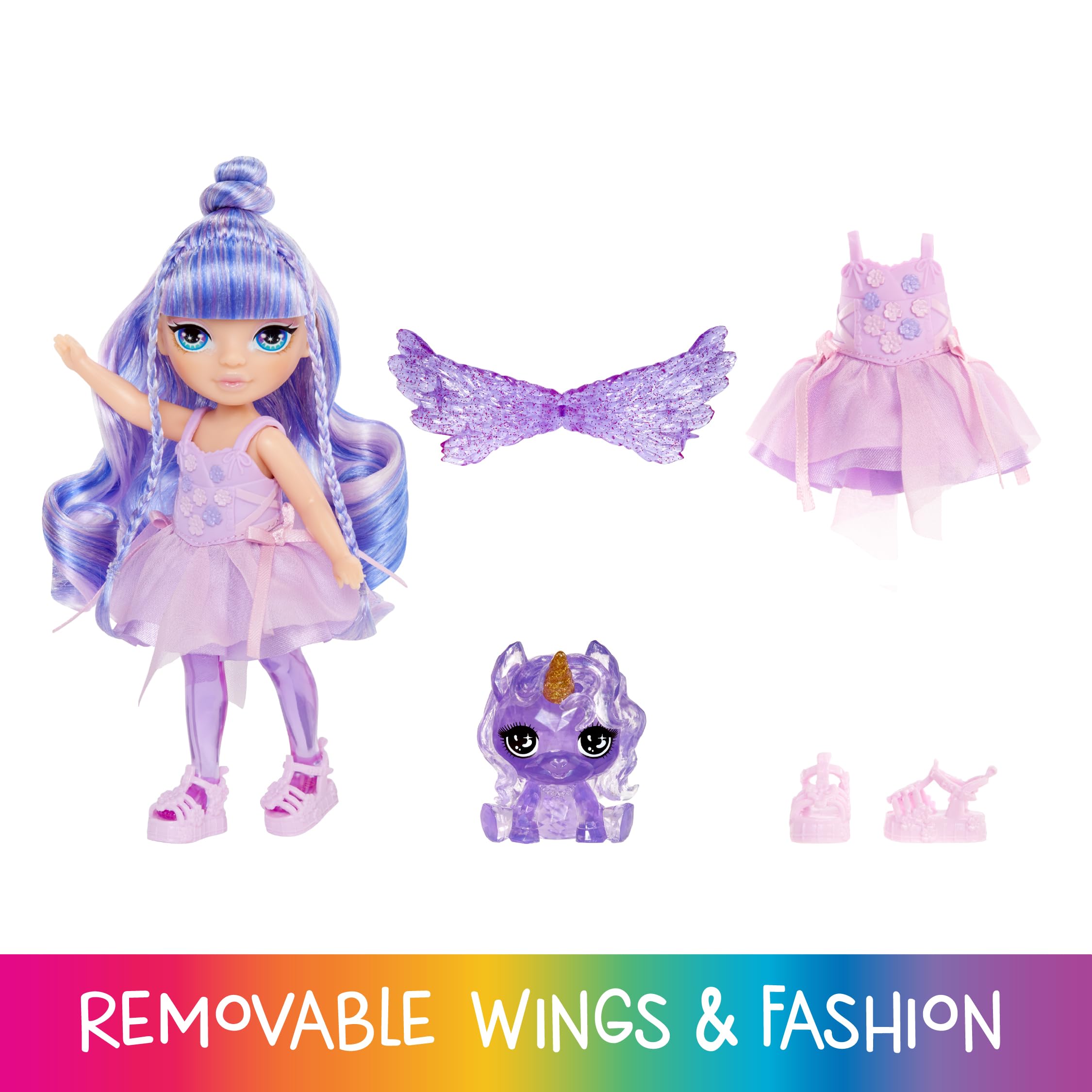 Rainbow High Littles Rainbow Fantasy Fairies & Pet - Amethyst, Purple - 14cm Posable Small Doll & Fantasy Pegasus Unicorn Pet with Interchangeable Fairy Wings, Cute Present for Children 4+ 4