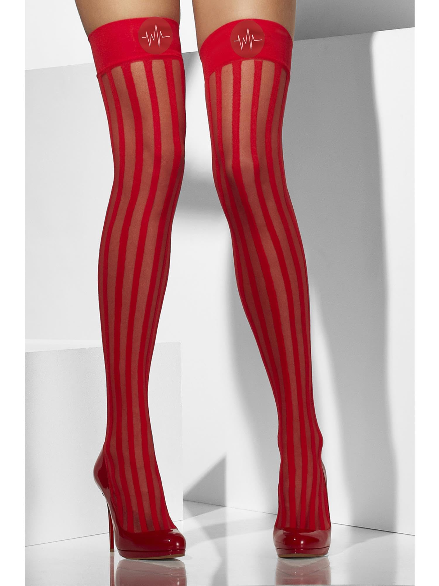 Smiffys Red Sheer Hold-Ups with Vertical Stripes and Cross Print, Fever Hosiery Fancy Dress Accessory 6