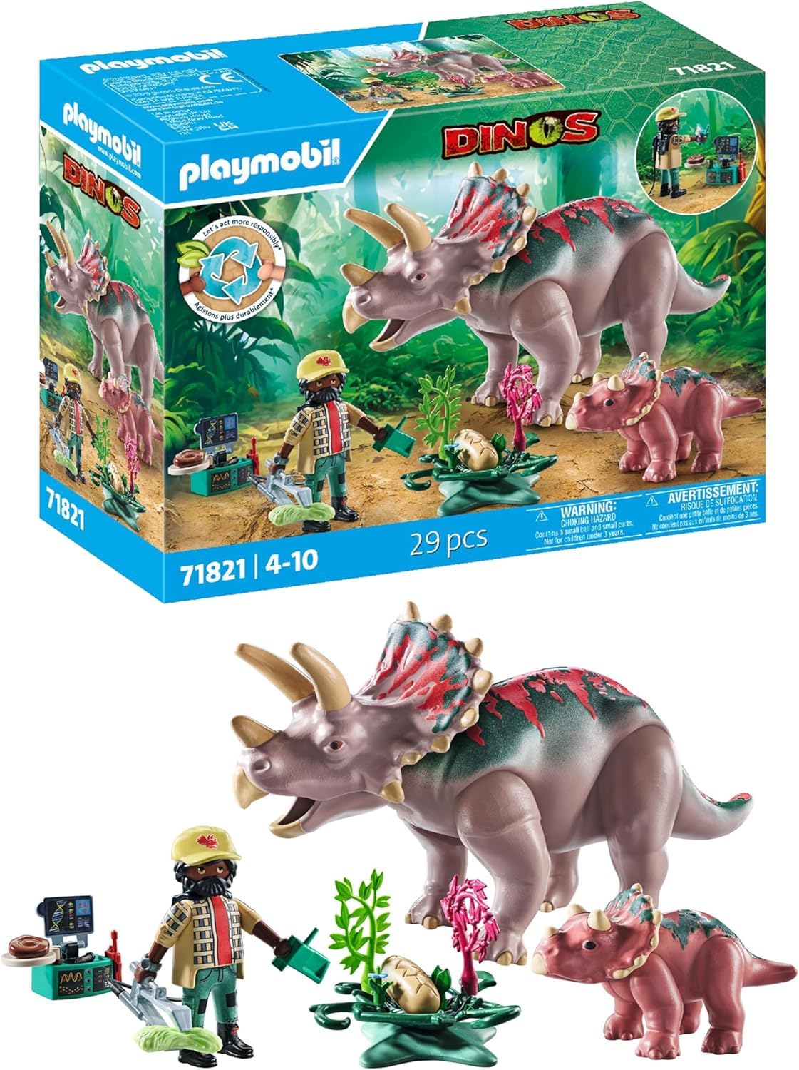Playmobil Dinos Triceratops with Baby Playset - Educational Dinosaur Action Figures for Kids