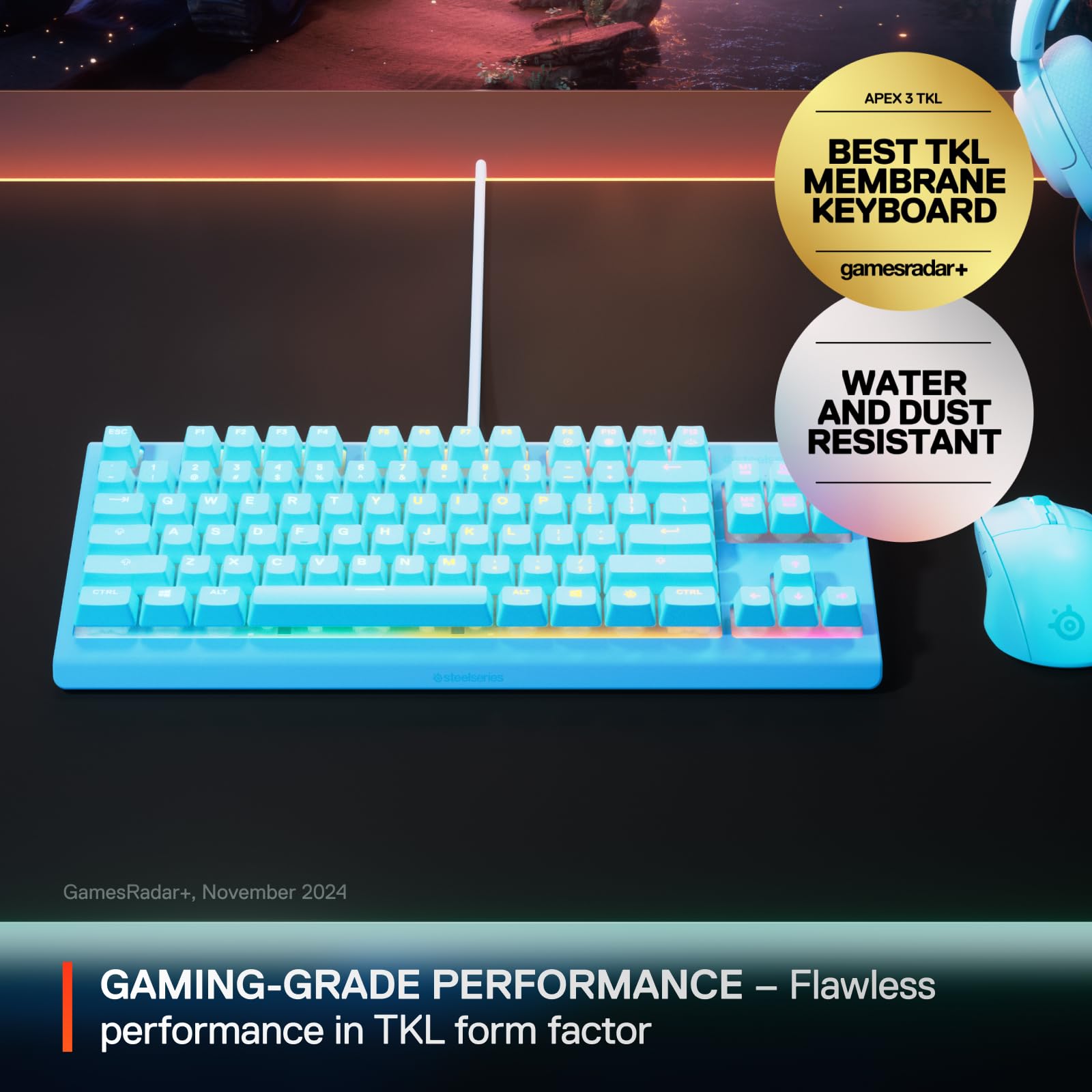 SteelSeries Apex 3 TKL Gaming Keyboard - Tenkeyless, Aqua, RGB Illumination | USB 2