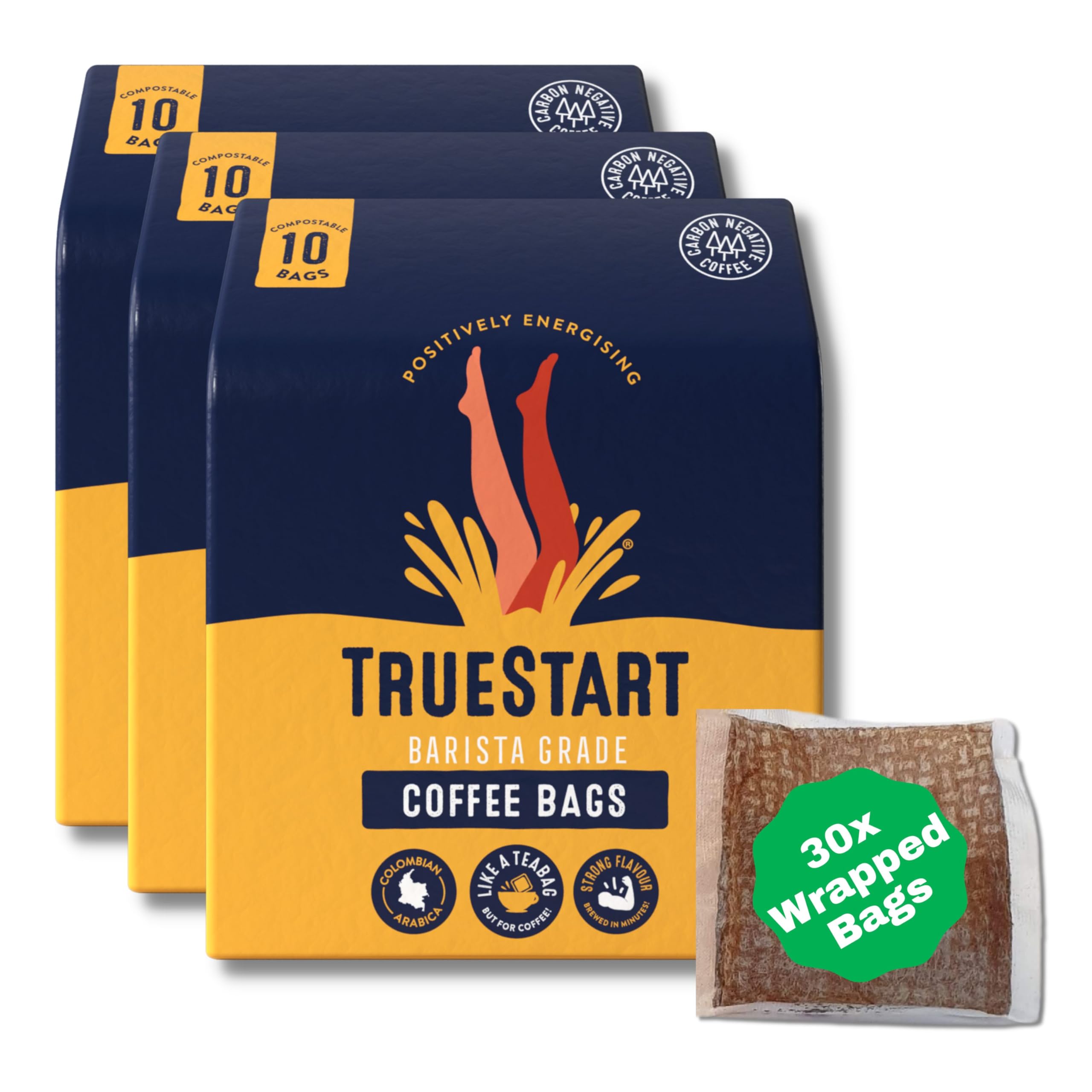 TrueStart Smooth Energising Colombian Arabica Coffee Bags – 30 einzeln verpackte Beutel, Mykotoxinfrei, Glutenfrei, Reich an Antioxidantien