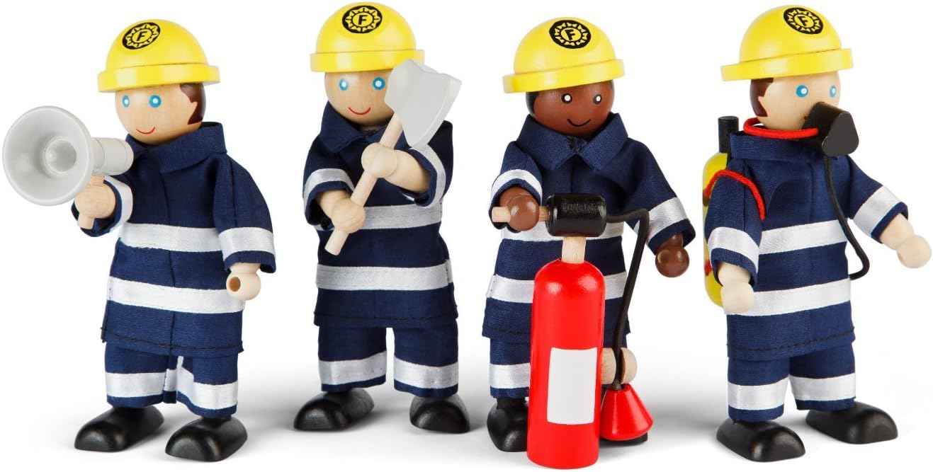 Tidlo Wooden Firefighter Figures Set with Accessories - Poseable Play Figures for Imaginative Rescue Play