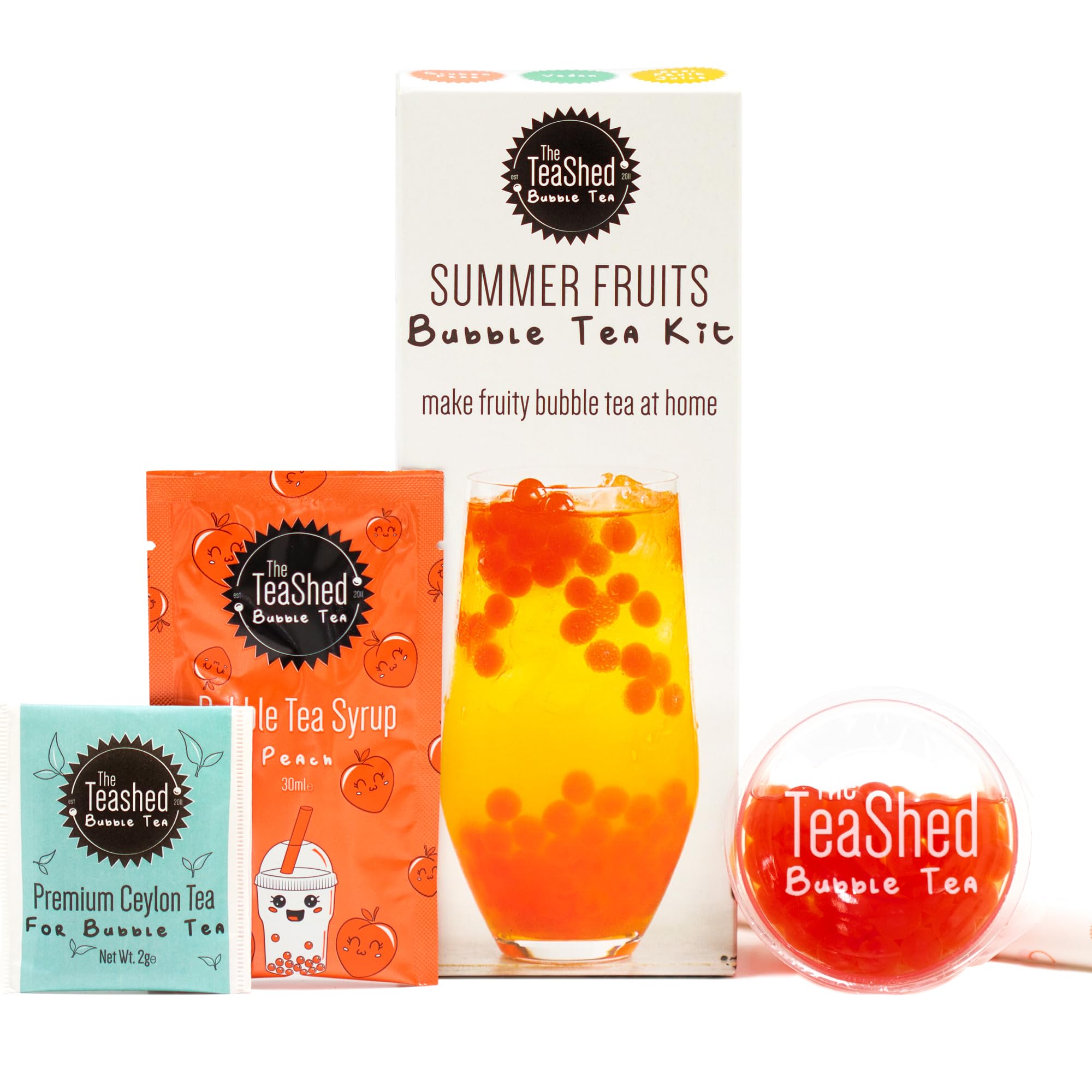 The TeaShed Summer Fruit Bubble Tea Kit - Peach Syrup & Strawberry Popping Boba | Vegan, Gluten Free 1