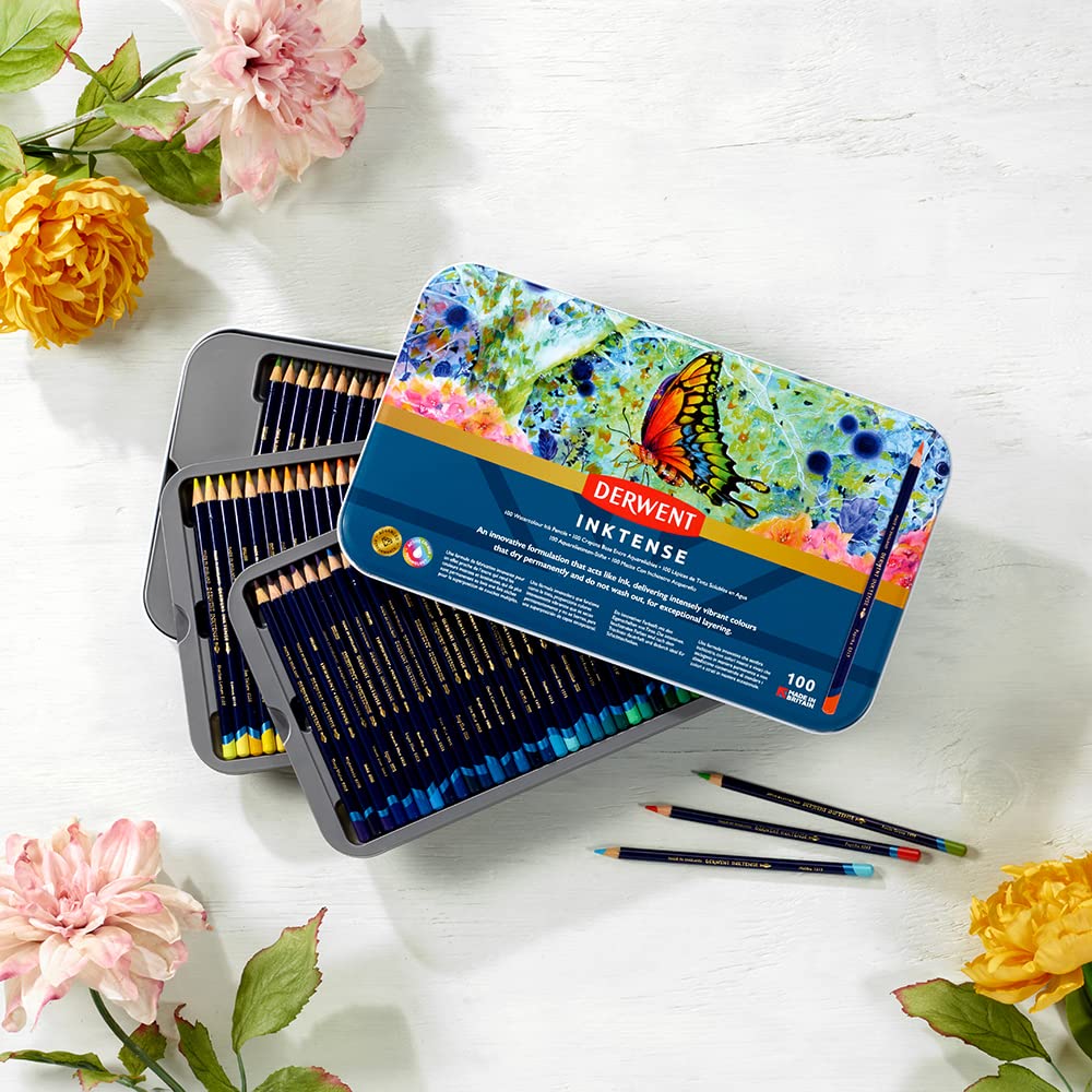 Derwent Inktense Pencils Art Set - 100 Permanent Watercolour Pencils in Tin | 4mm Core 6