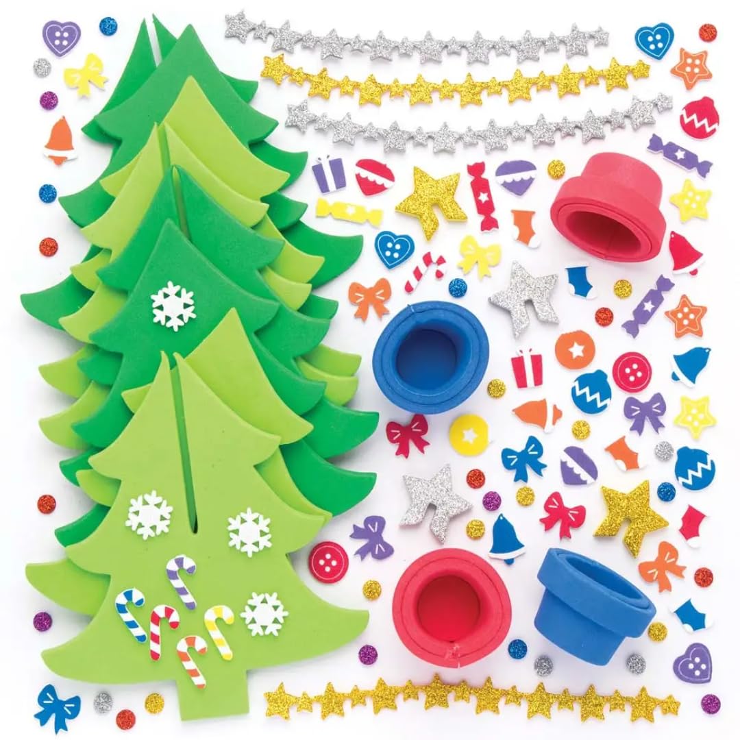 Baker Ross Christmas Tree Craft Kits - Pack of 4 | Foam, Peel-and-Stick Decorations, Ages 3+