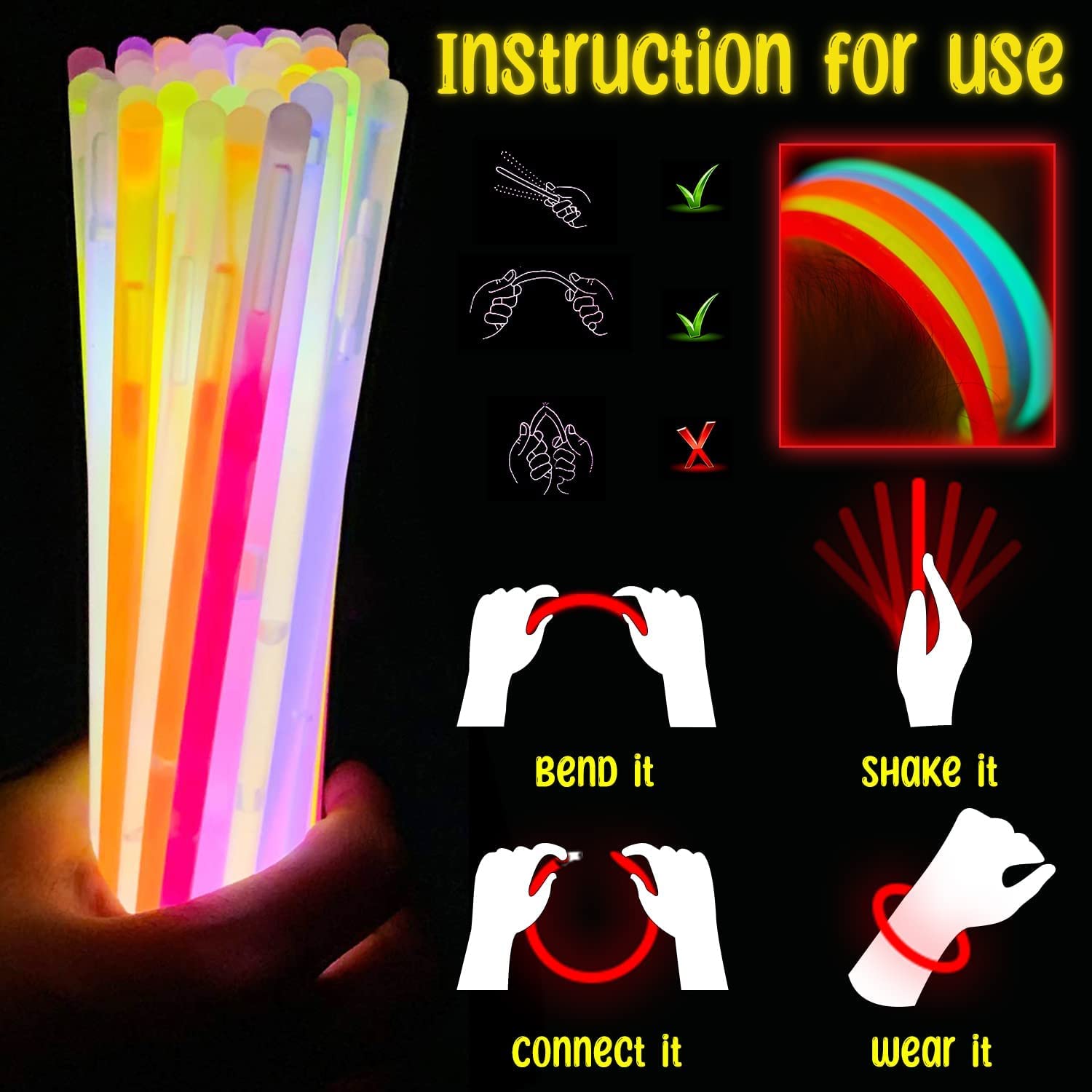 SHATCHI 8" Glow Sticks with Connectors – Neon Party Kit for Bracelets, Rings, DIY Light-Up Accessories 9