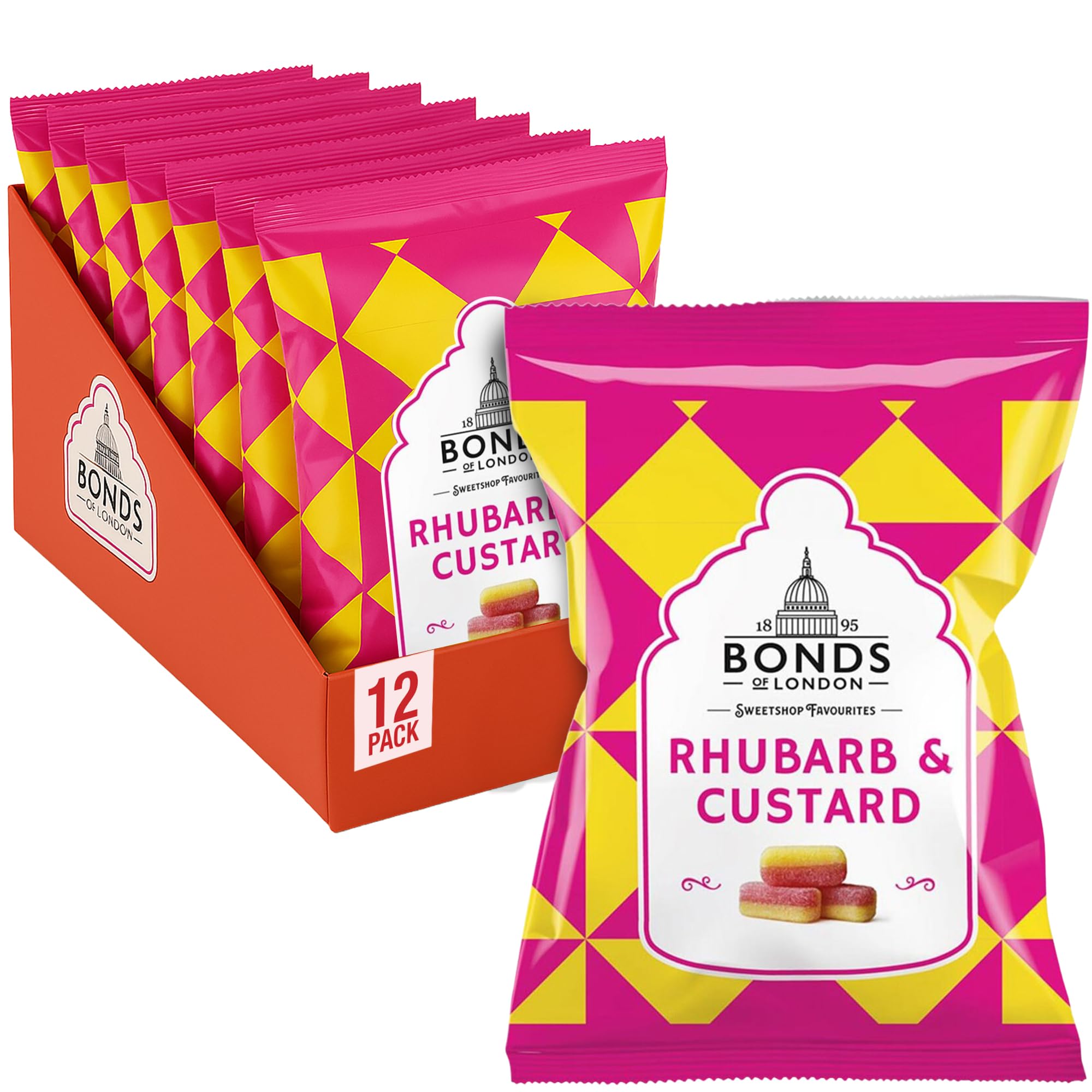 Bonds of London Rhubarb & Custard Boiled Sweets, Retro Gift Bags, Vegetarian Friendly, 130g (Pack of 12) 8