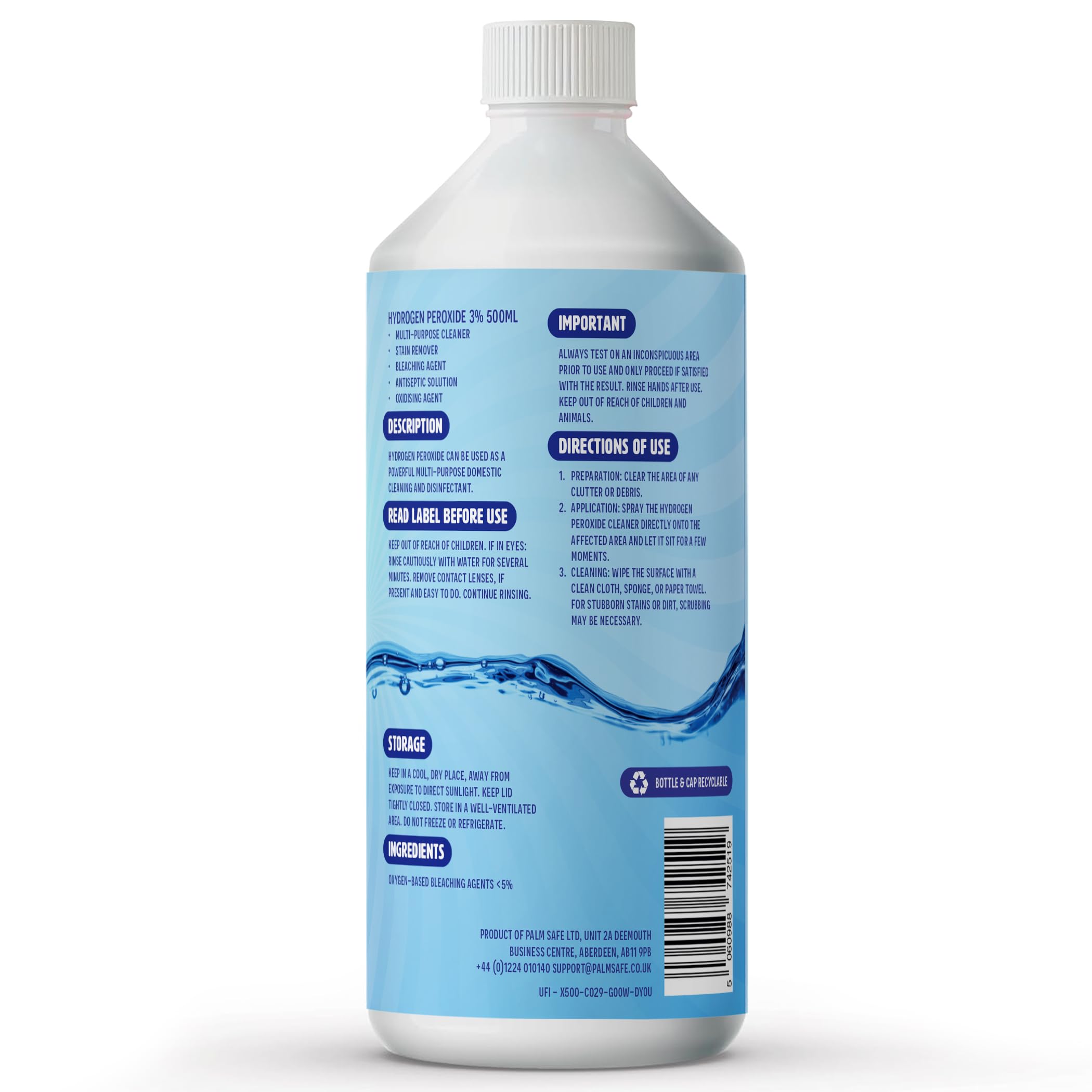 Pure Safe - Hydrogen Peroxide 3% Solution 500ml – Multi-Purpose Disinfectant Cleaner