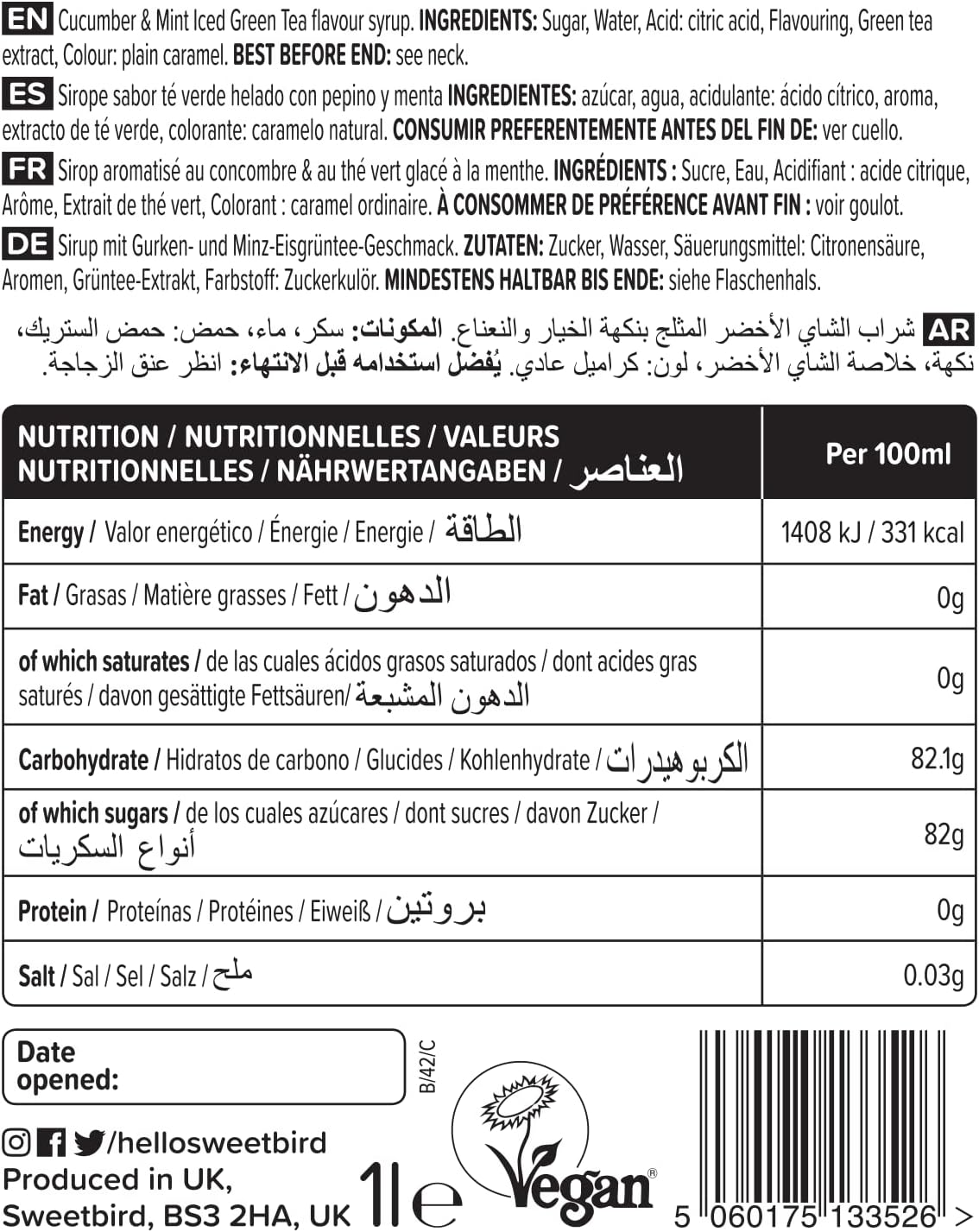 Sweetbird Cucumber & Mint Iced Green Tea Syrup (1 Litre) 8