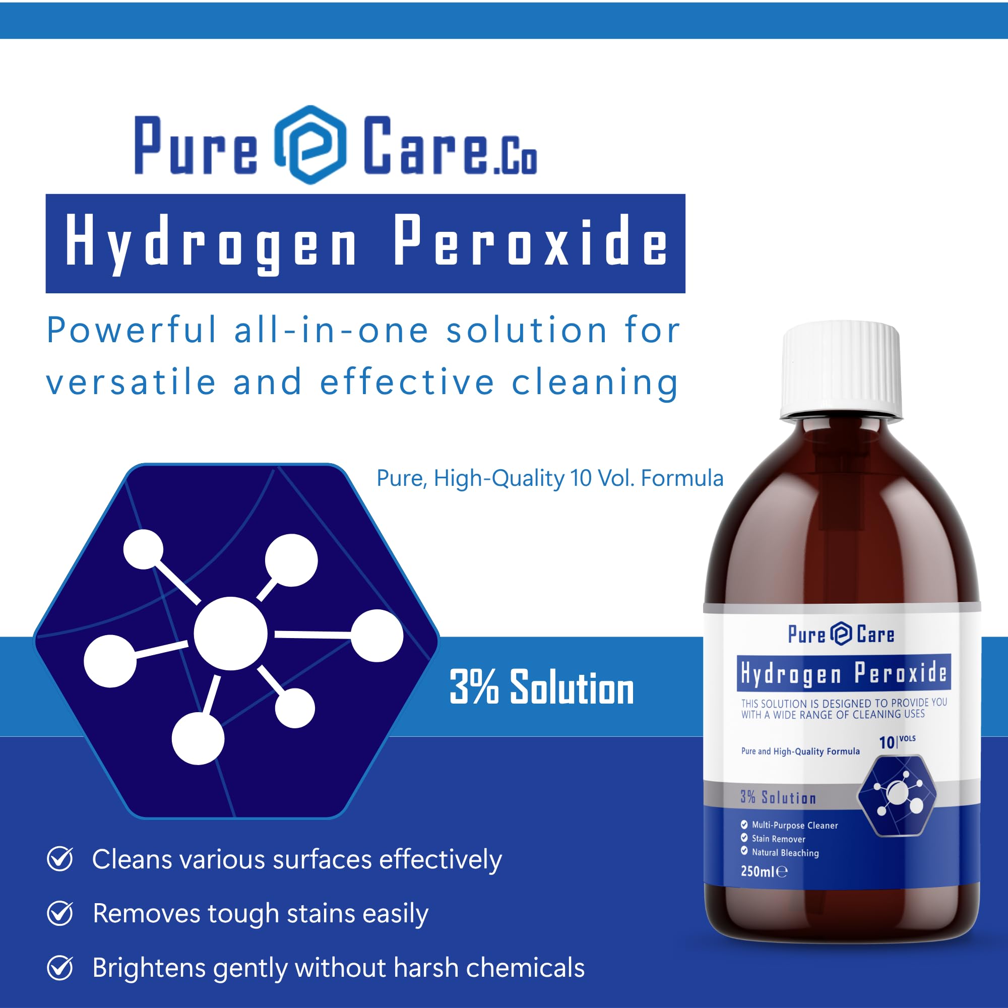 PureCare Hydrogen Peroxide 3% Solution - Multi-Purpose Cleaner & Stain Remover | 250ml Liquid