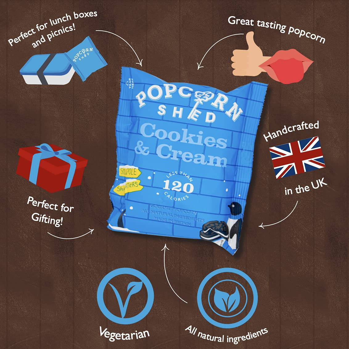 Popcorn Shed Cookies & Cream Popcorn Snack Pack - Handcrafted Natural Vegetarian Snack, 24g 3