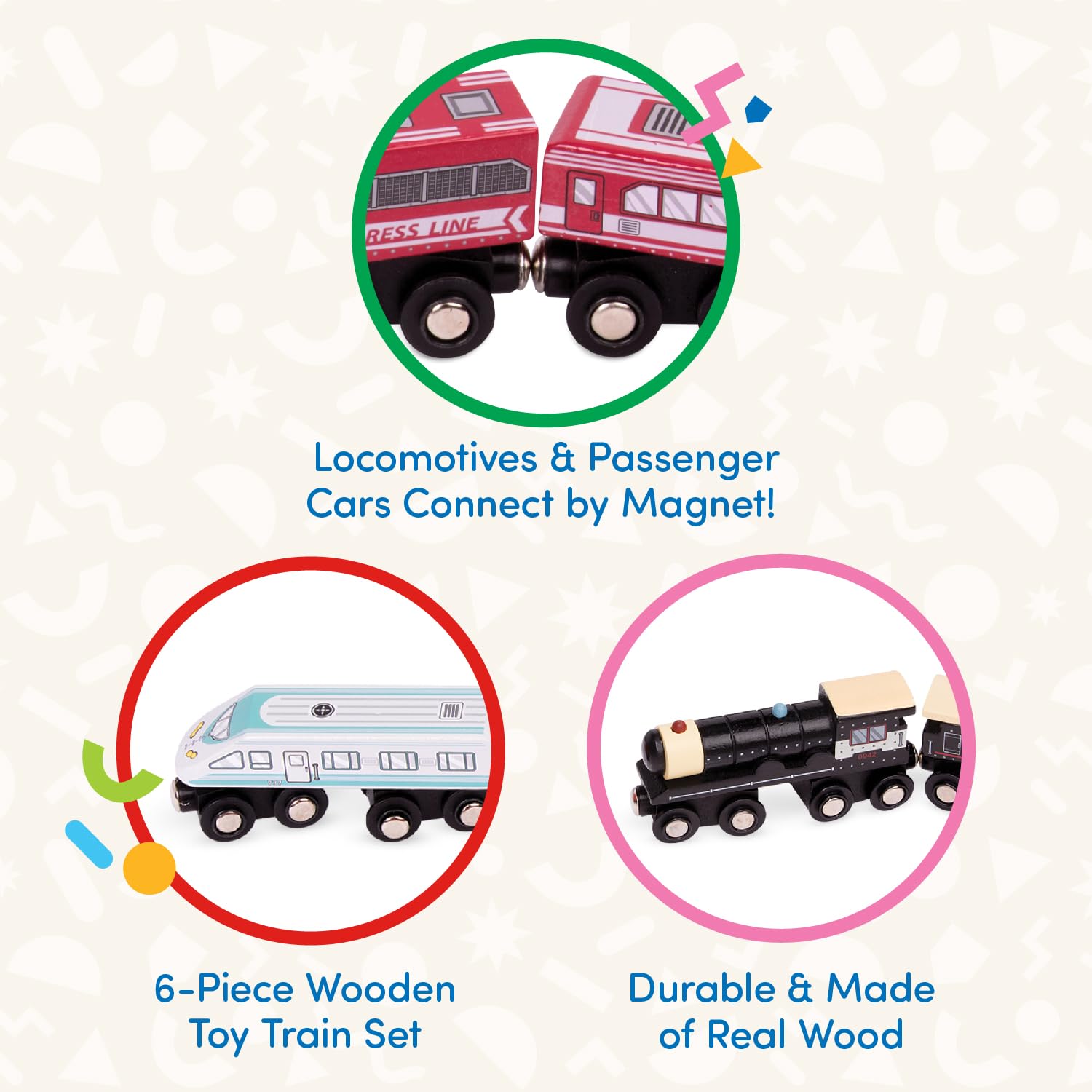Battat Classic Magnetic Wooden Trains Set - 6 Pieces Railroad Collection | Ages 3+