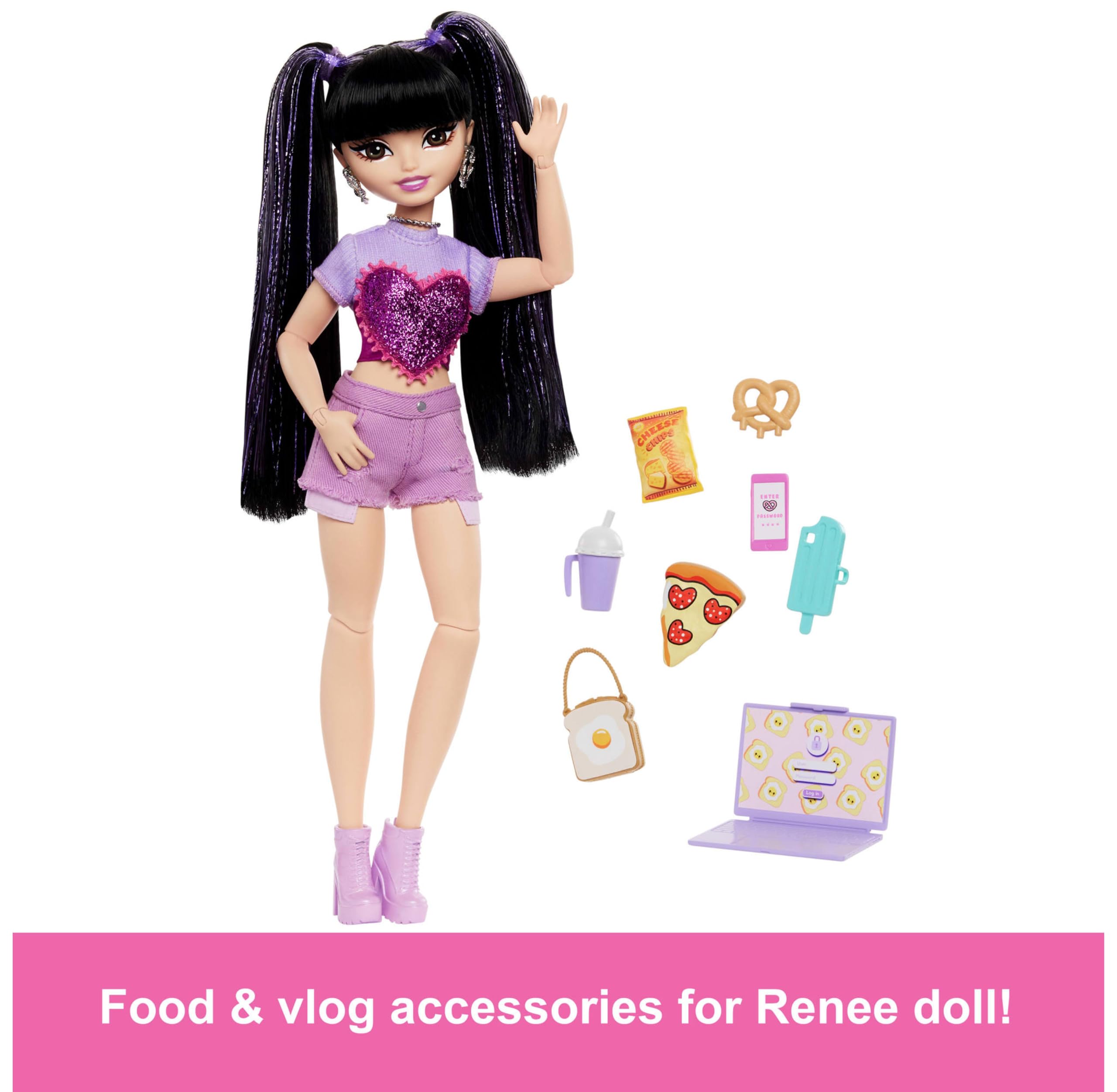 Barbie Dream Besties Renee Doll & Food-Themed Playset - 12-Piece Set with Laptop, Pizza, Smoothie & More