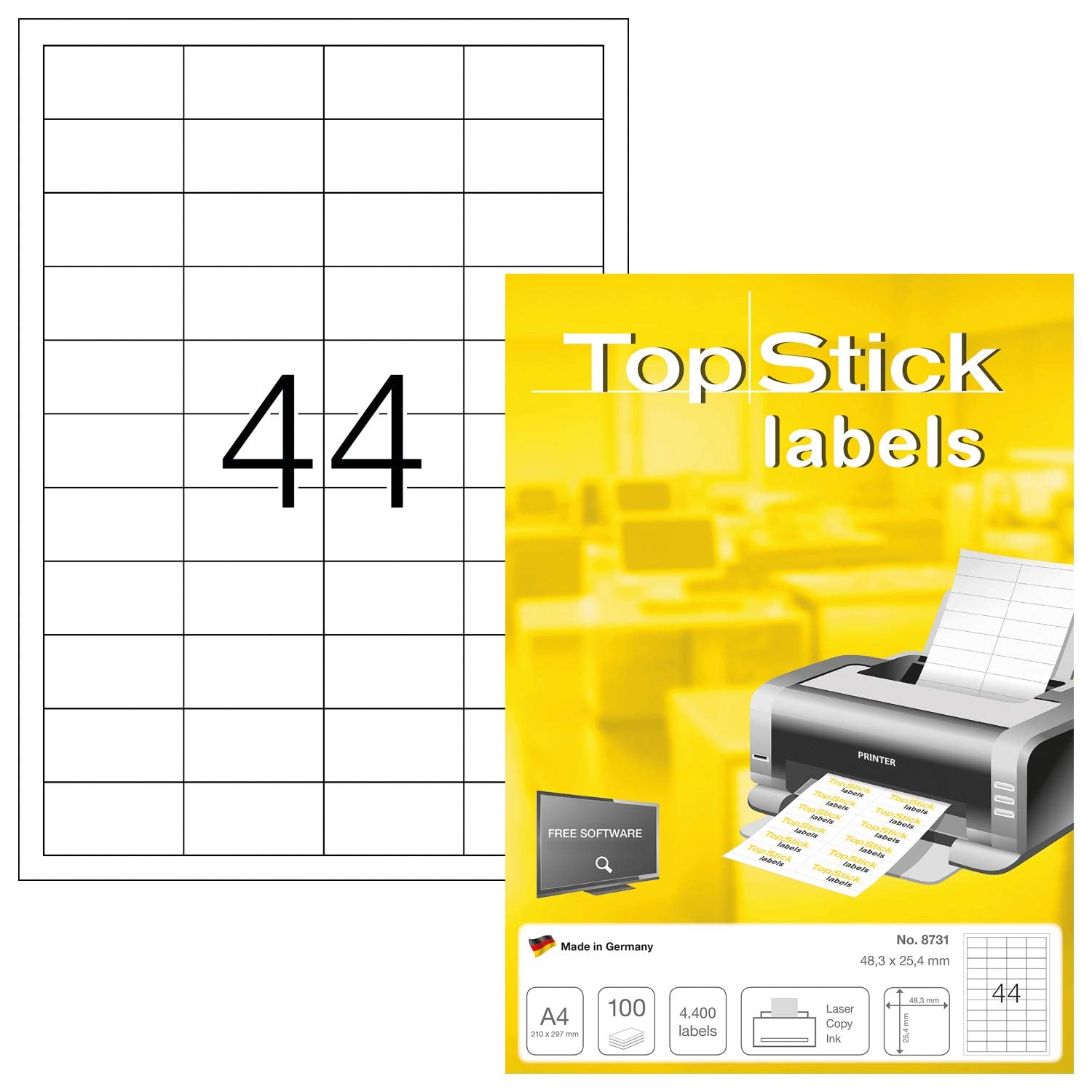TopStick 8731 Multi-Purpose Labels - 44 Labels/Sheet, 48.3 x 25.4 mm, 100 Sheets | Laser/Inkjet Compatible