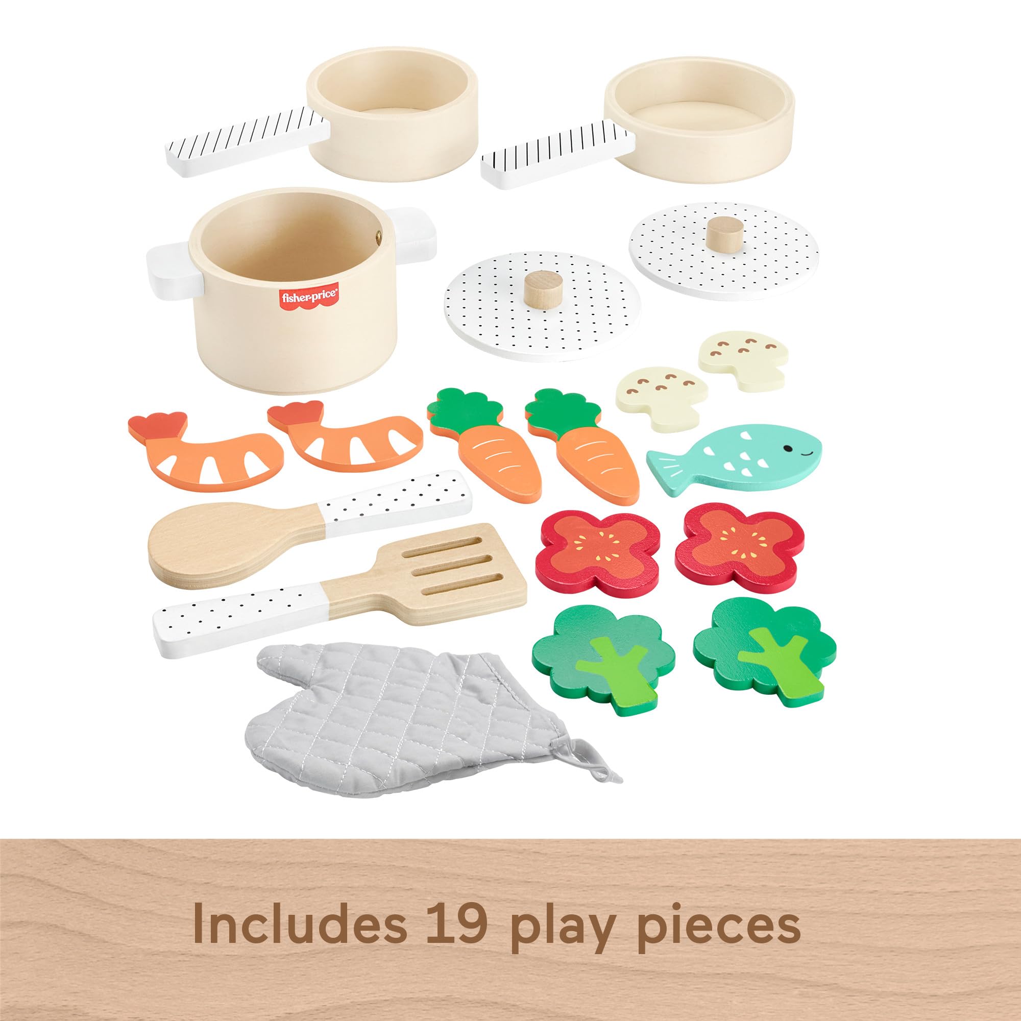 Fisher-Price Wood Kitchen Pretend Play Pots & Pans Set - 19-Piece Playset for Kids Ages 3+ 4