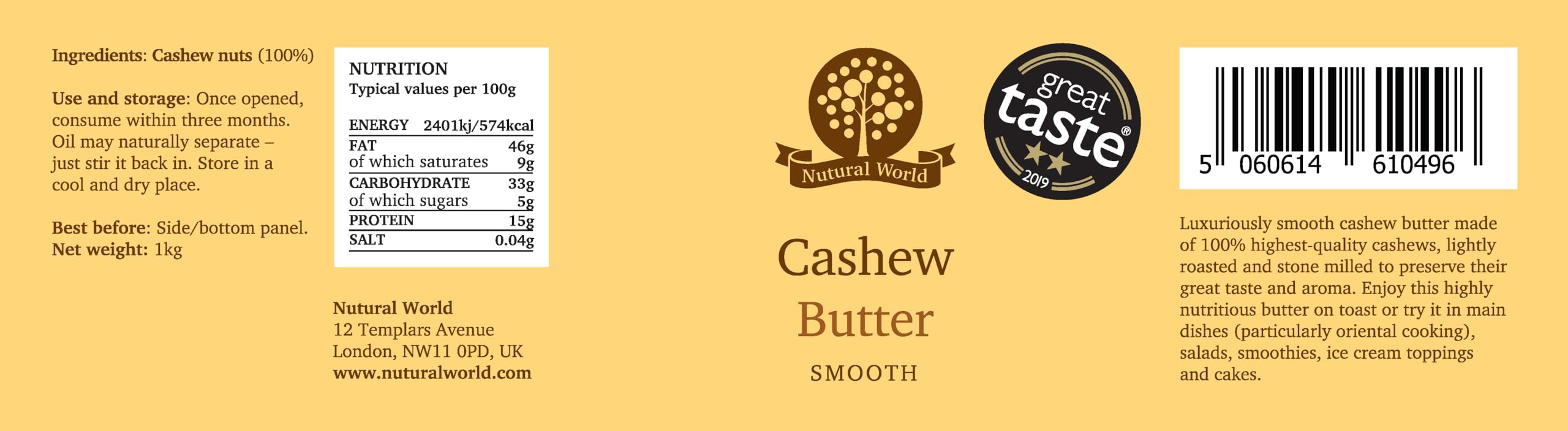 Nutural World Smooth Cashew Nut Butter - 1kg | Great Taste Award Winner | Single Ingredient 2