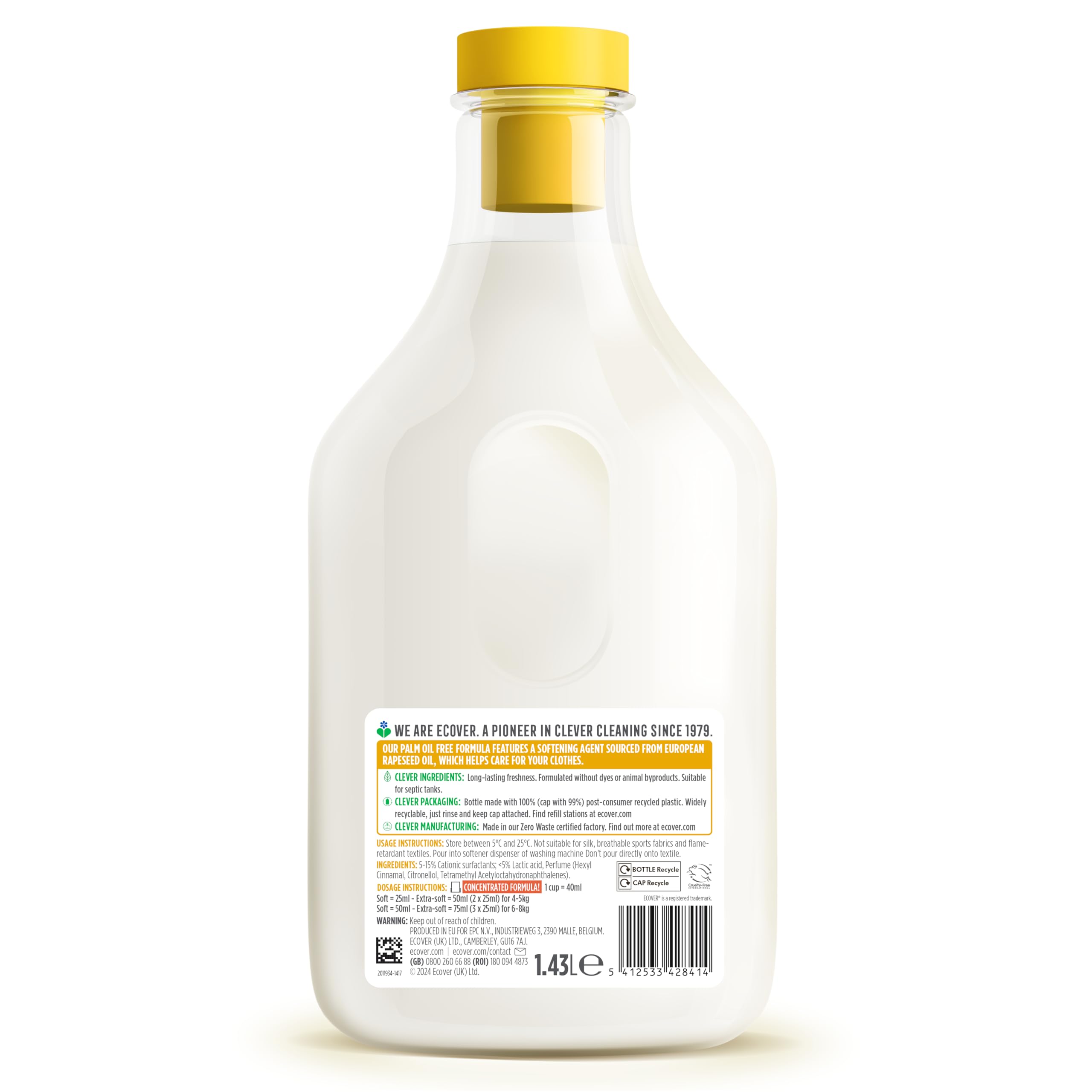 Ecover Concentrated Liquid Fabric Softener Gardenia Scent | 1.43L | Softening & Freshness