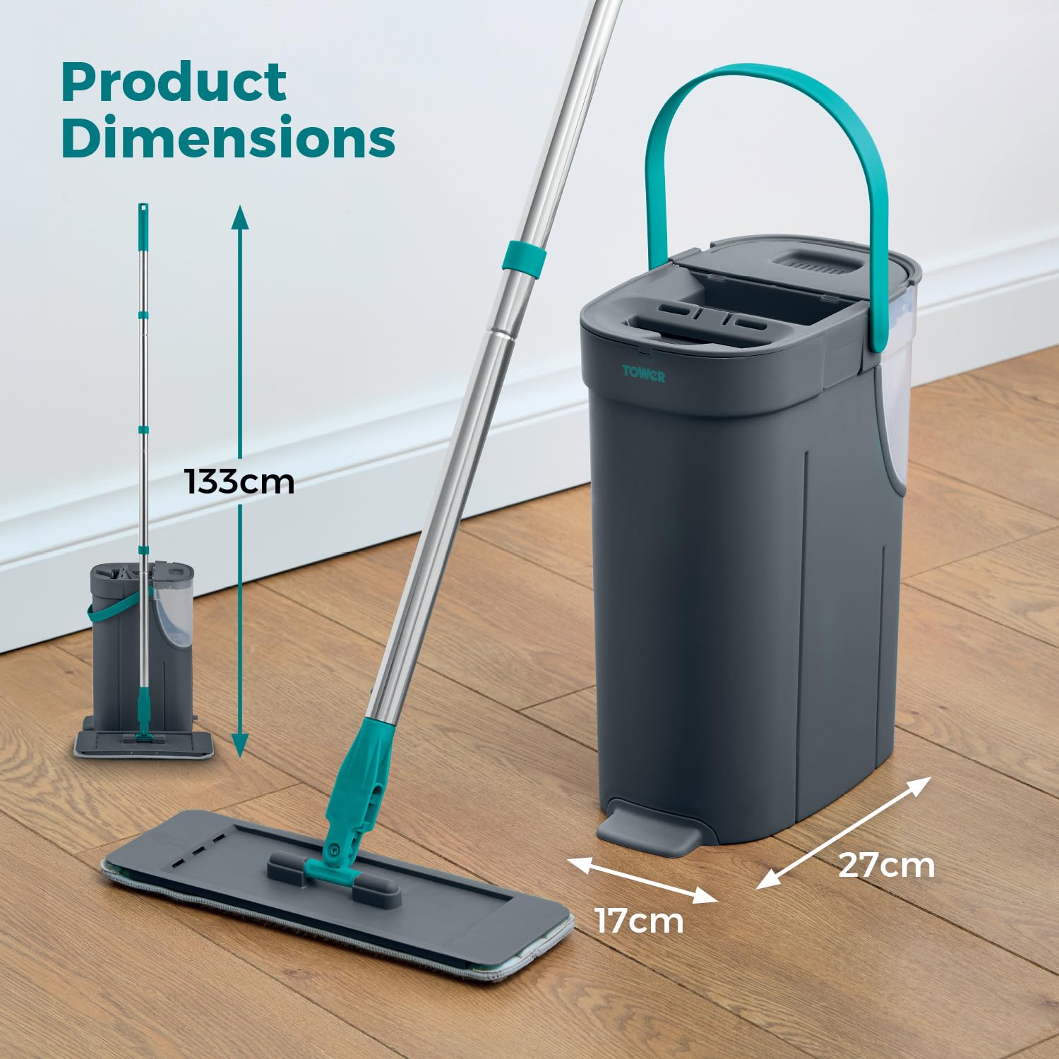 Tower Flat Mop and Bucket Set - 2 Washable Microfibre Mop Heads, 1.8L Clean Tank, Teal 6