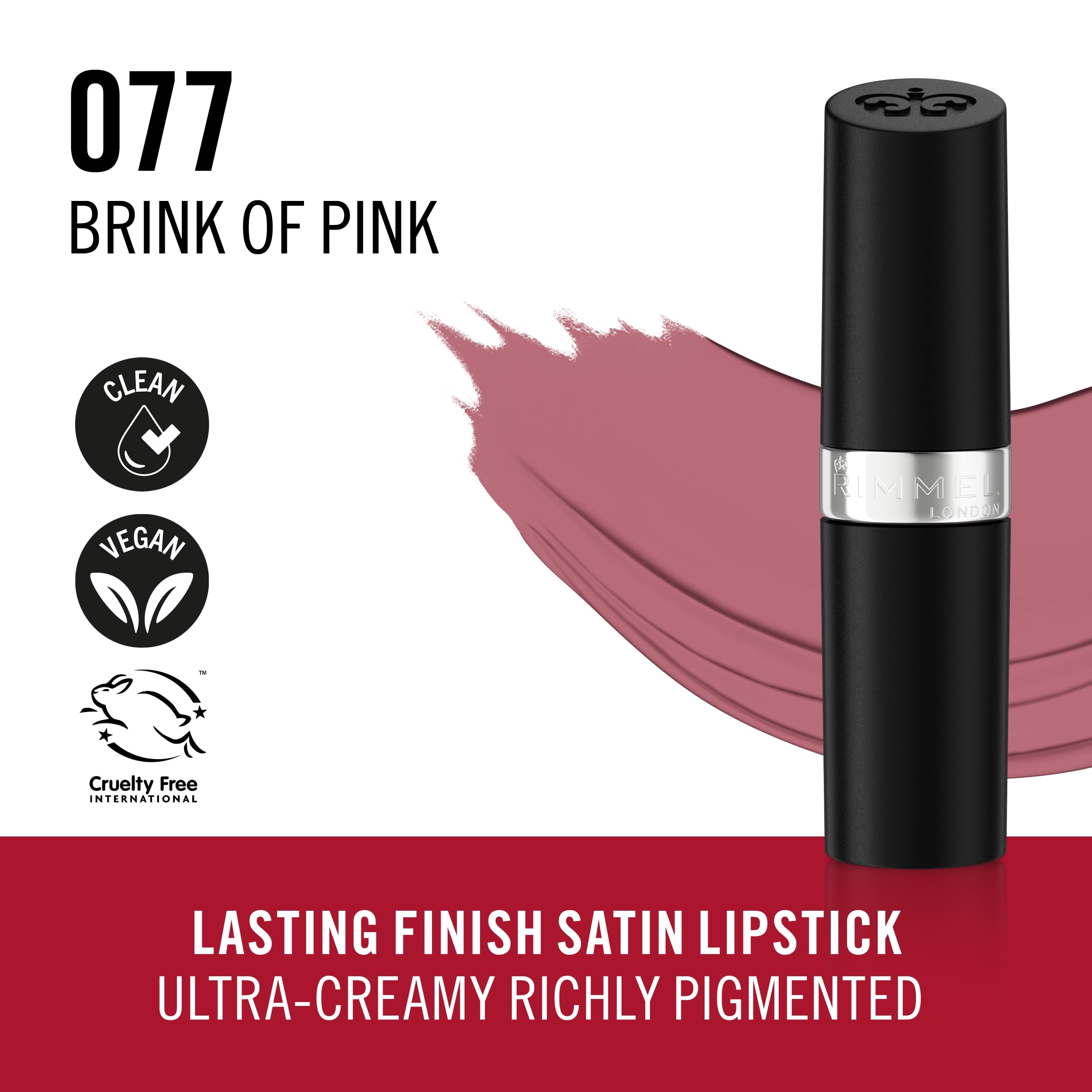 Rimmel Lasting Finish Lipstick 077 Brink Of Pink - Creamy Satin Finish, 10g