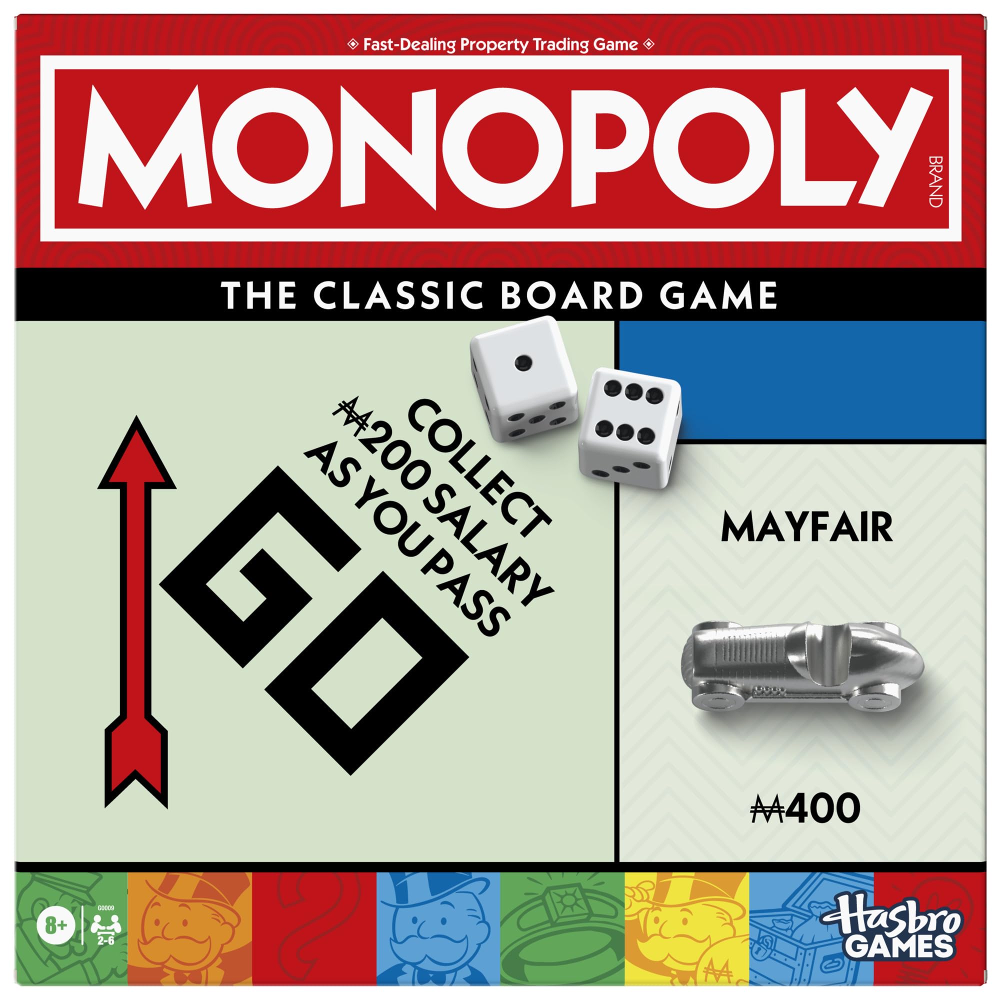 Monopoly-Brettspiel mit Ablagefach und größeren Metallspielmarken – englische Version