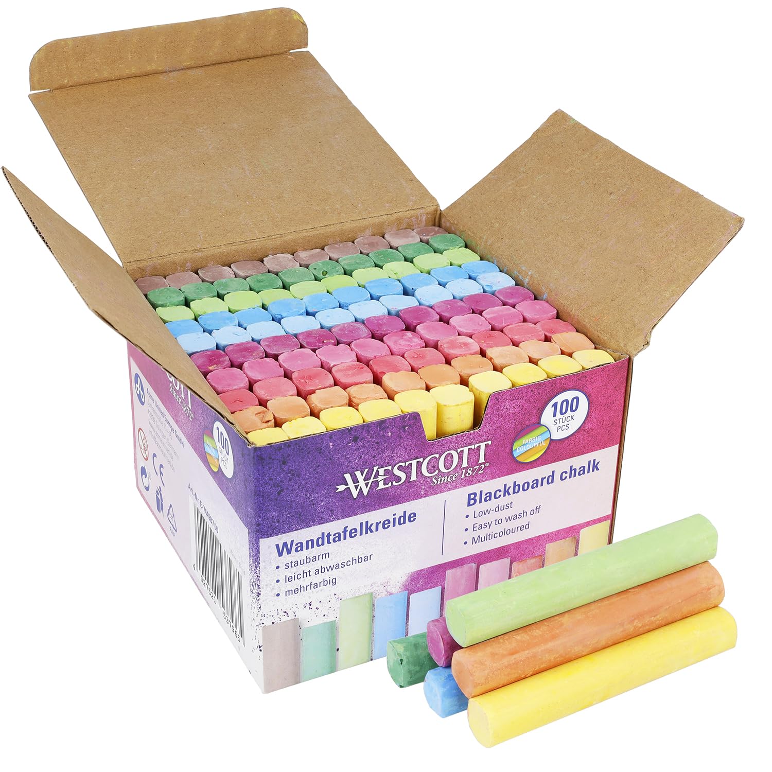Westcott Coloured Chalk - 100 Pieces in 10 Vibrant Colours | 1.2 cm Diameter 1