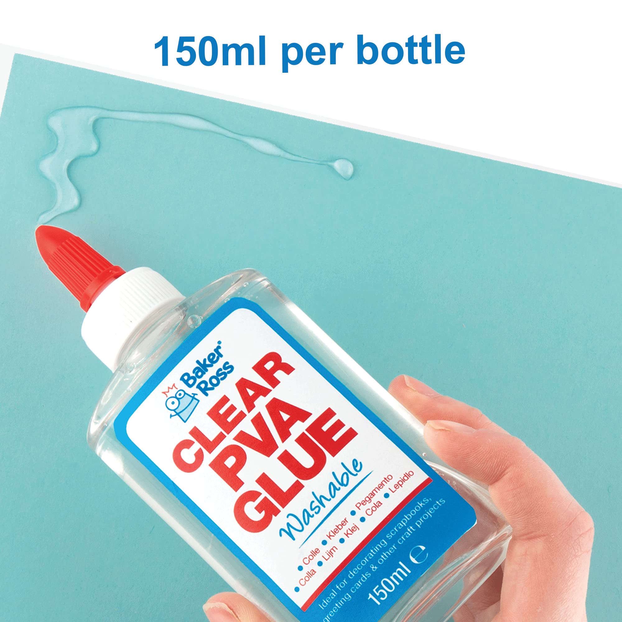 Baker Ross AR533 Clear PVA Glue - 150 ml Washable Craft Glue for Kids Ages 3+ 5