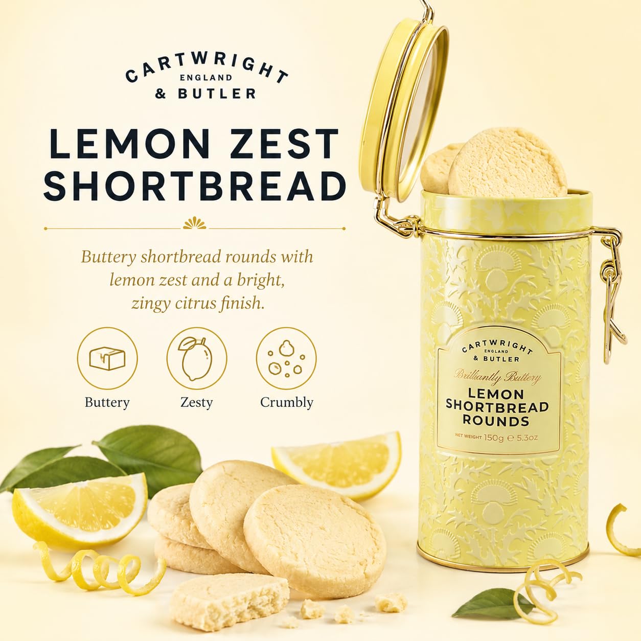Cartwright & Butler Lemon Zest Shortbread Rounds - Buttery & Crumbly | 150g Tin